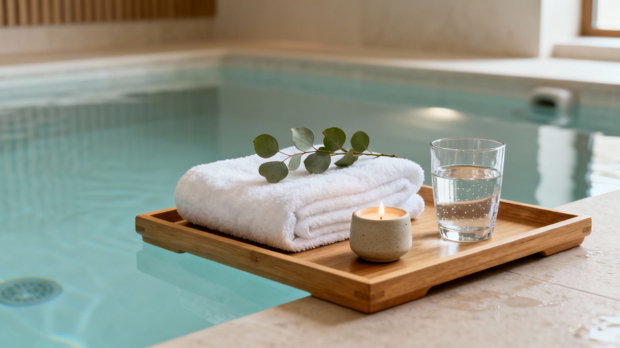 A wooden tray with a white towel, eucalyptus, candle, and water glass by a serene pool.