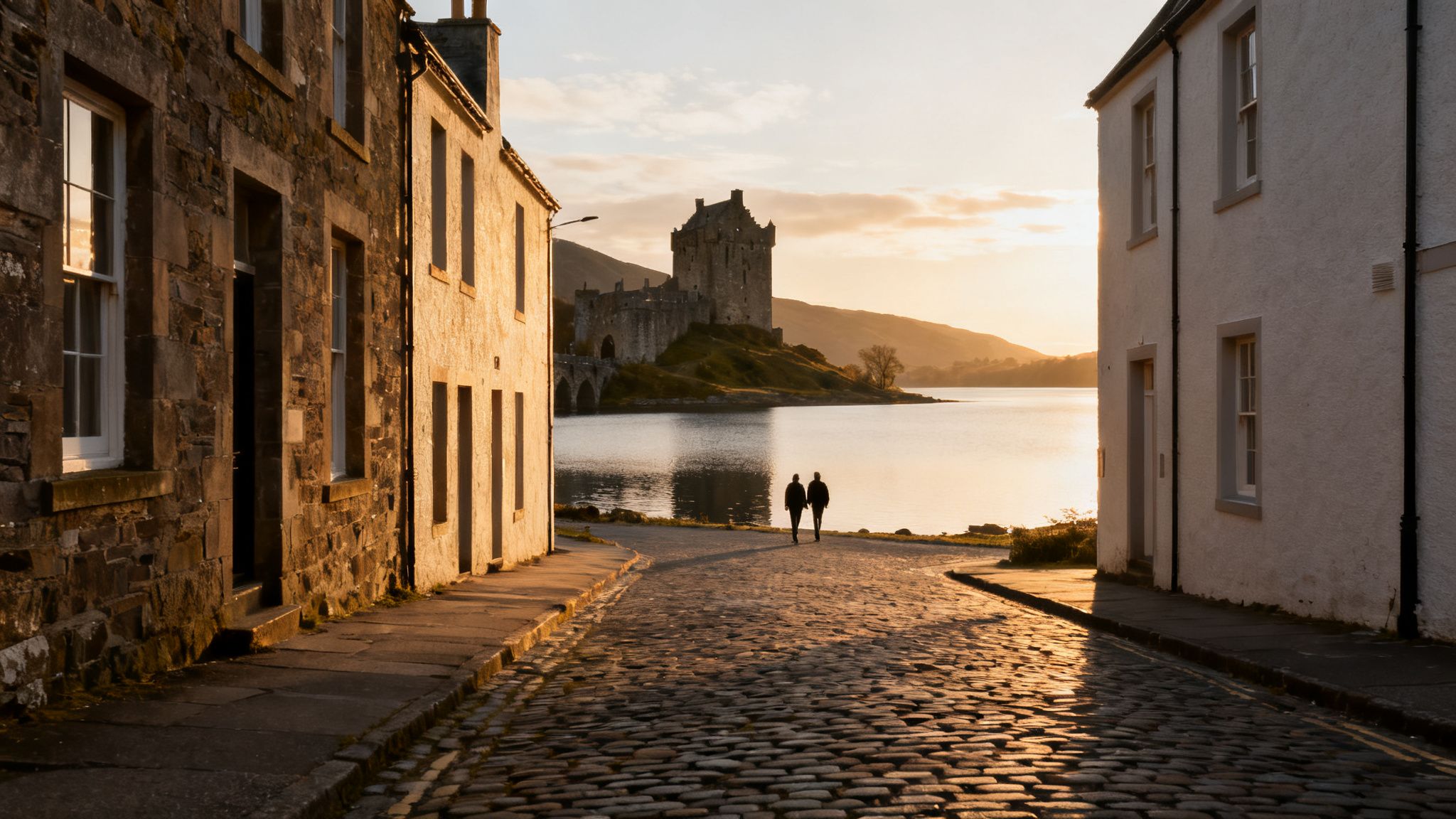 Golden hour illuminates a historic Scottish castle and a couple walking on a charming cobblestone path.