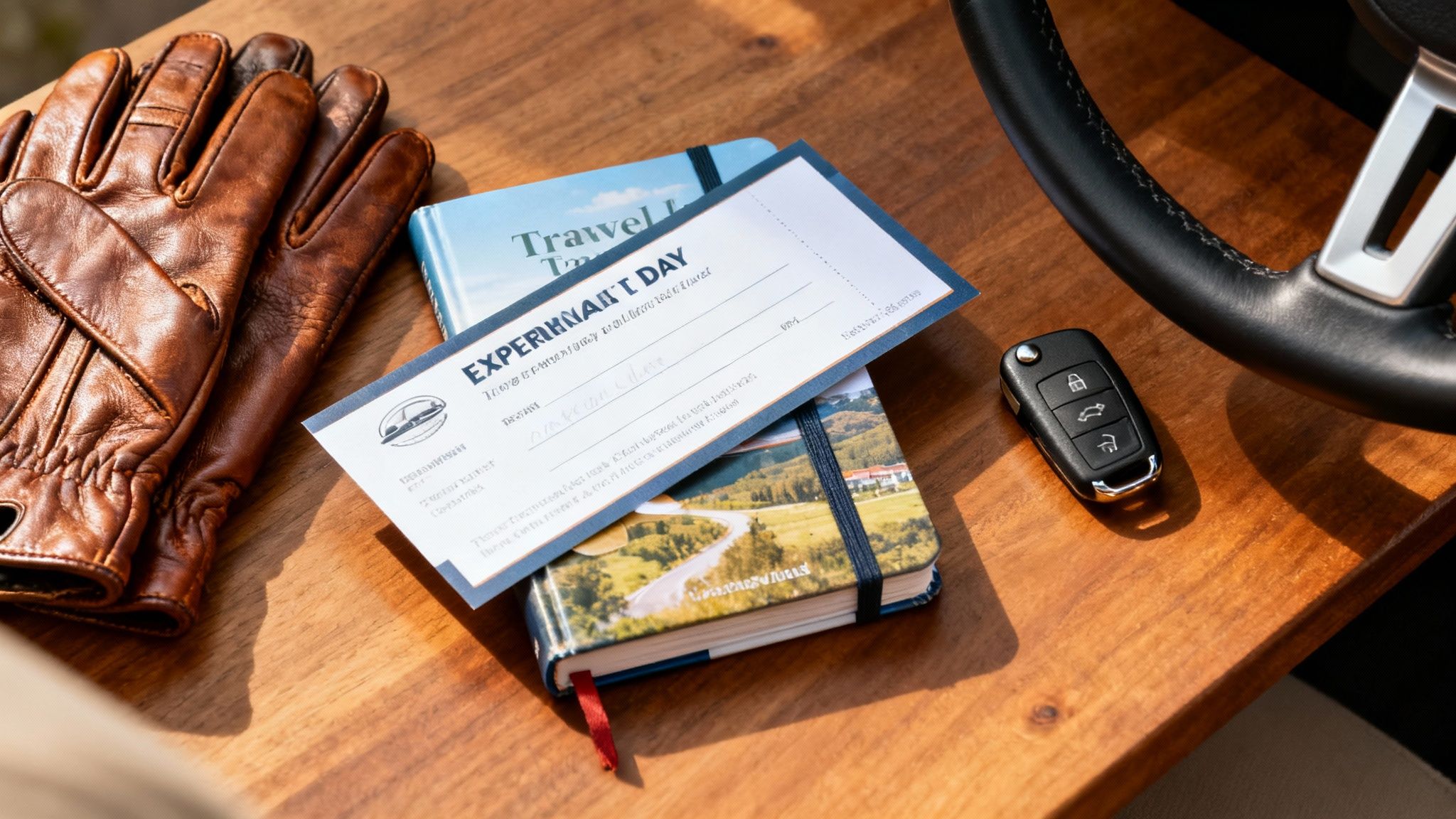 Driving essentials on a wooden surface: leather gloves, travel journal, car key, and an adventure ticket.