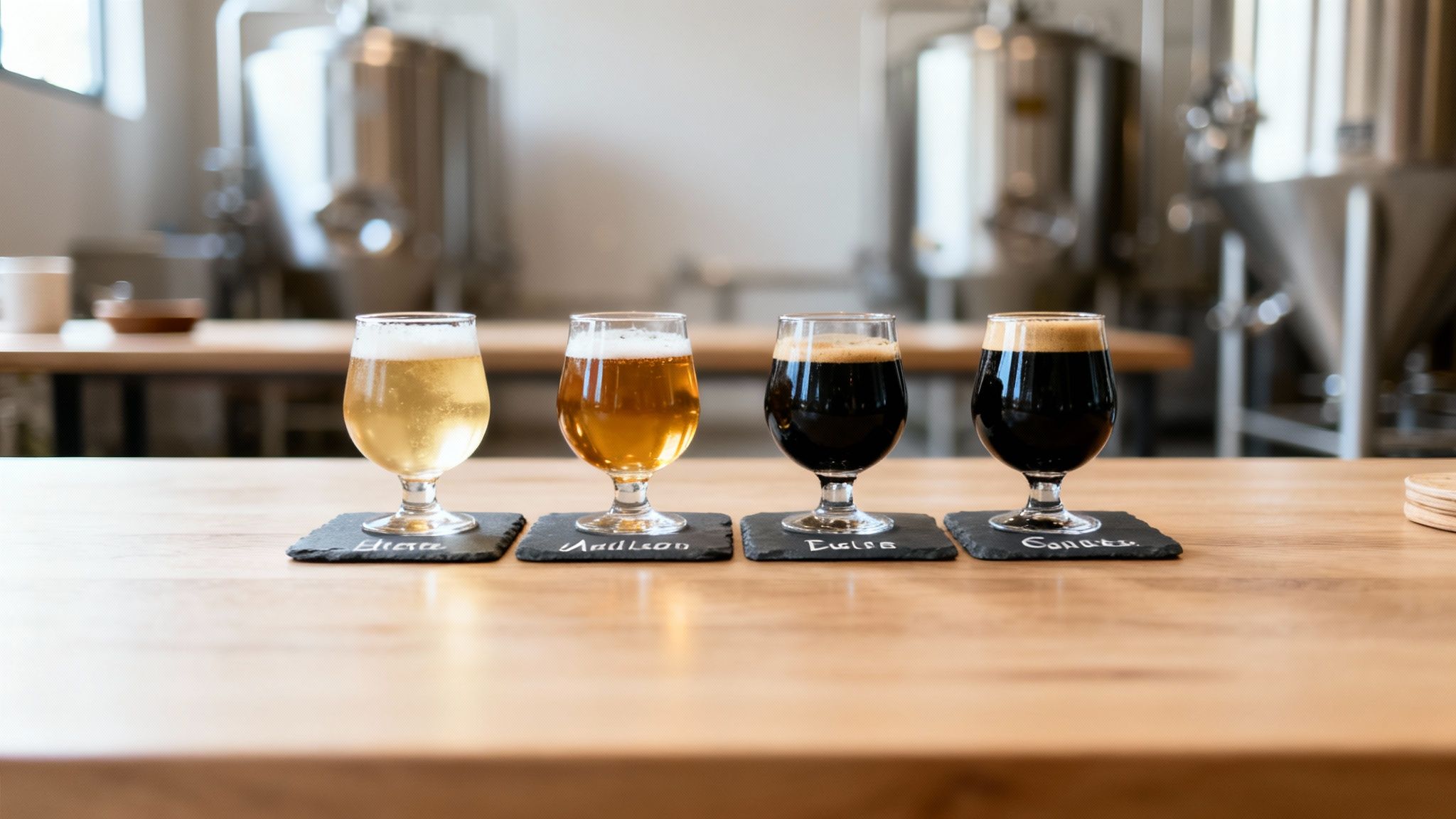 A flight of four craft beers, ranging from light to dark, on a wooden bar.