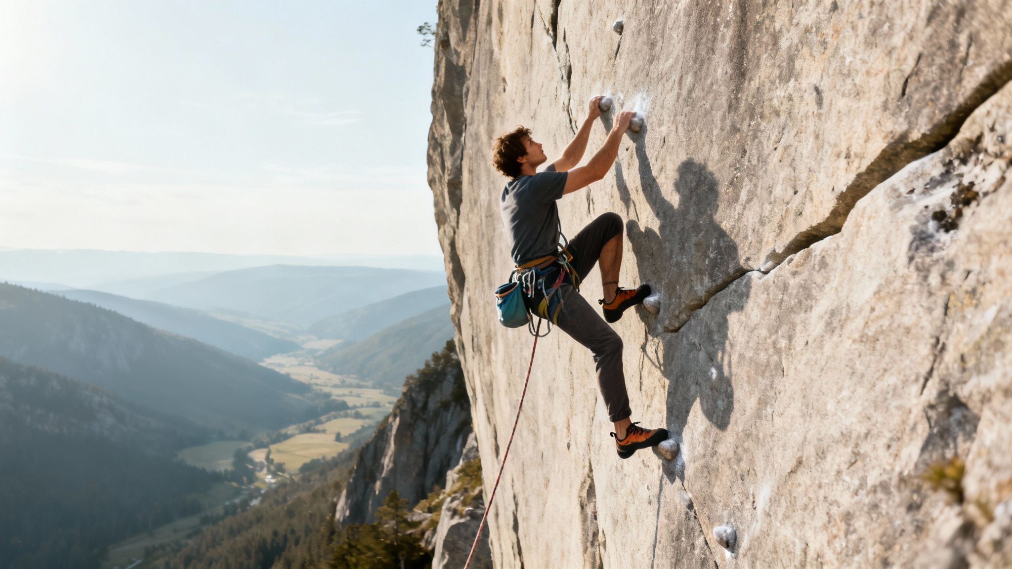 A man skillfully rock climbing a tall, light-colored cliff face with a scenic valley below.