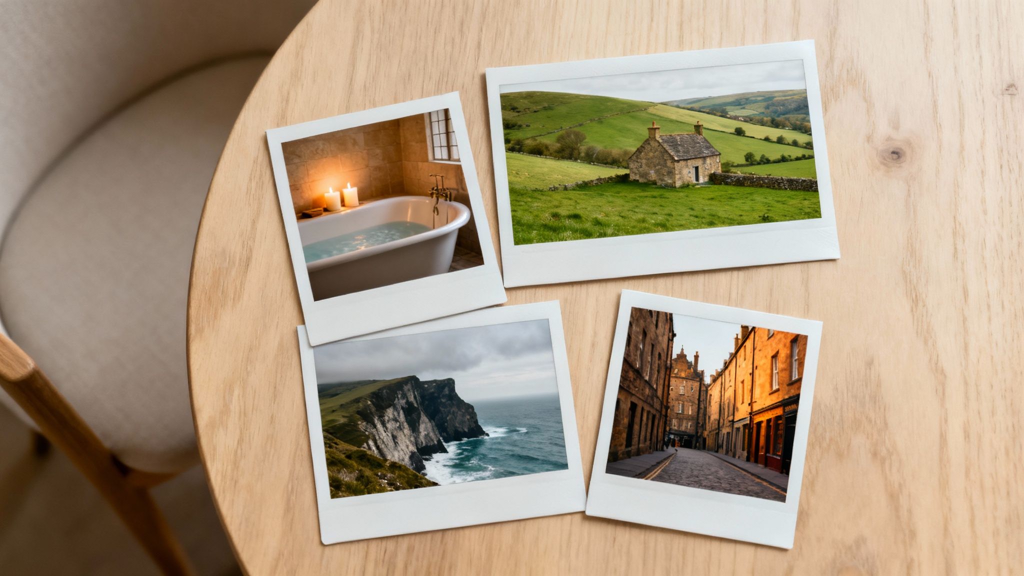 Four instant photos displaying a relaxing bath, a rural cottage, dramatic coastal cliffs, and a historic street.