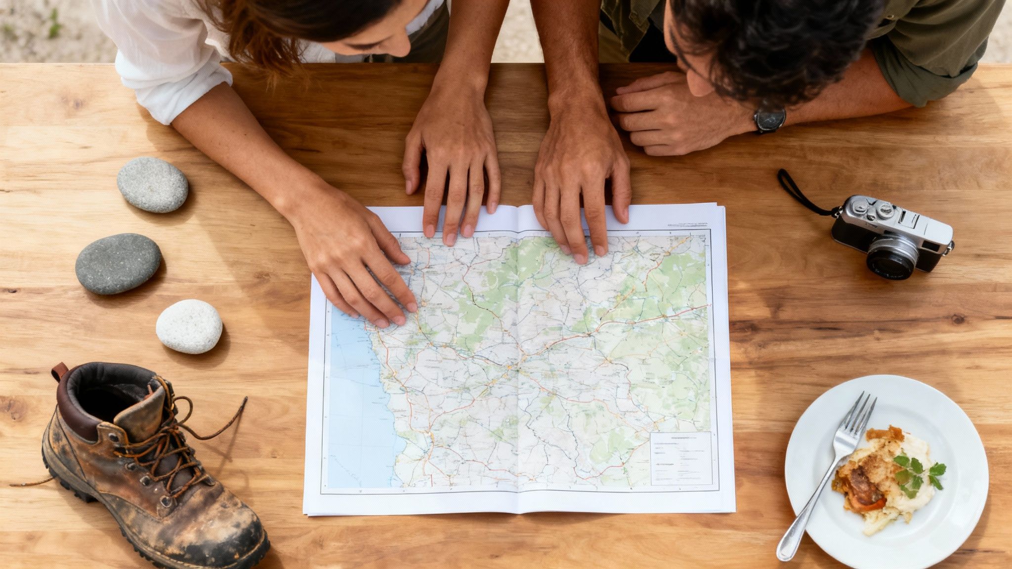 Overhead shot of a couple planning a trip, looking at a map on a wooden table with travel items.