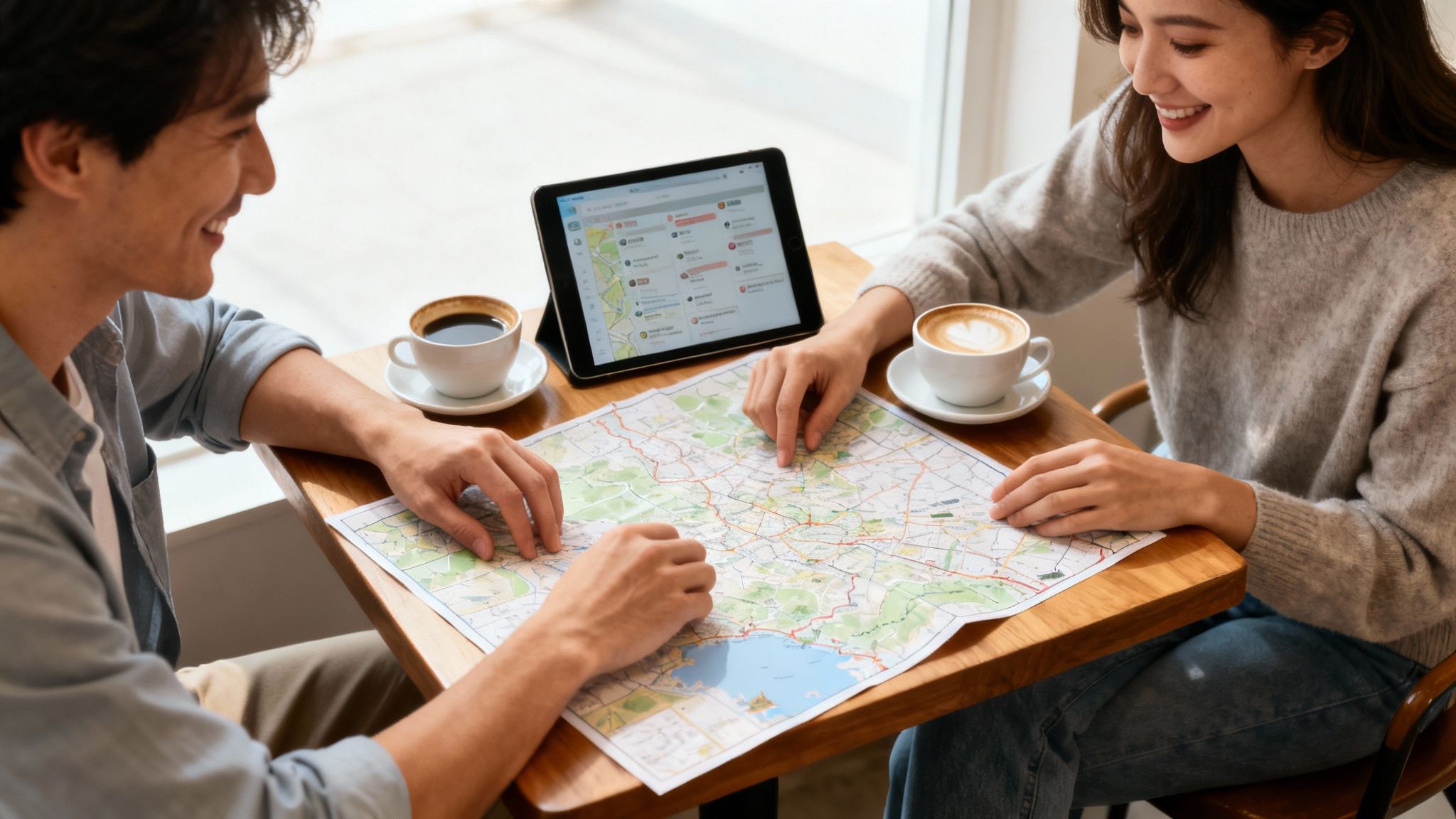 A smiling couple plans a trip, looking at a map and tablet with coffee.