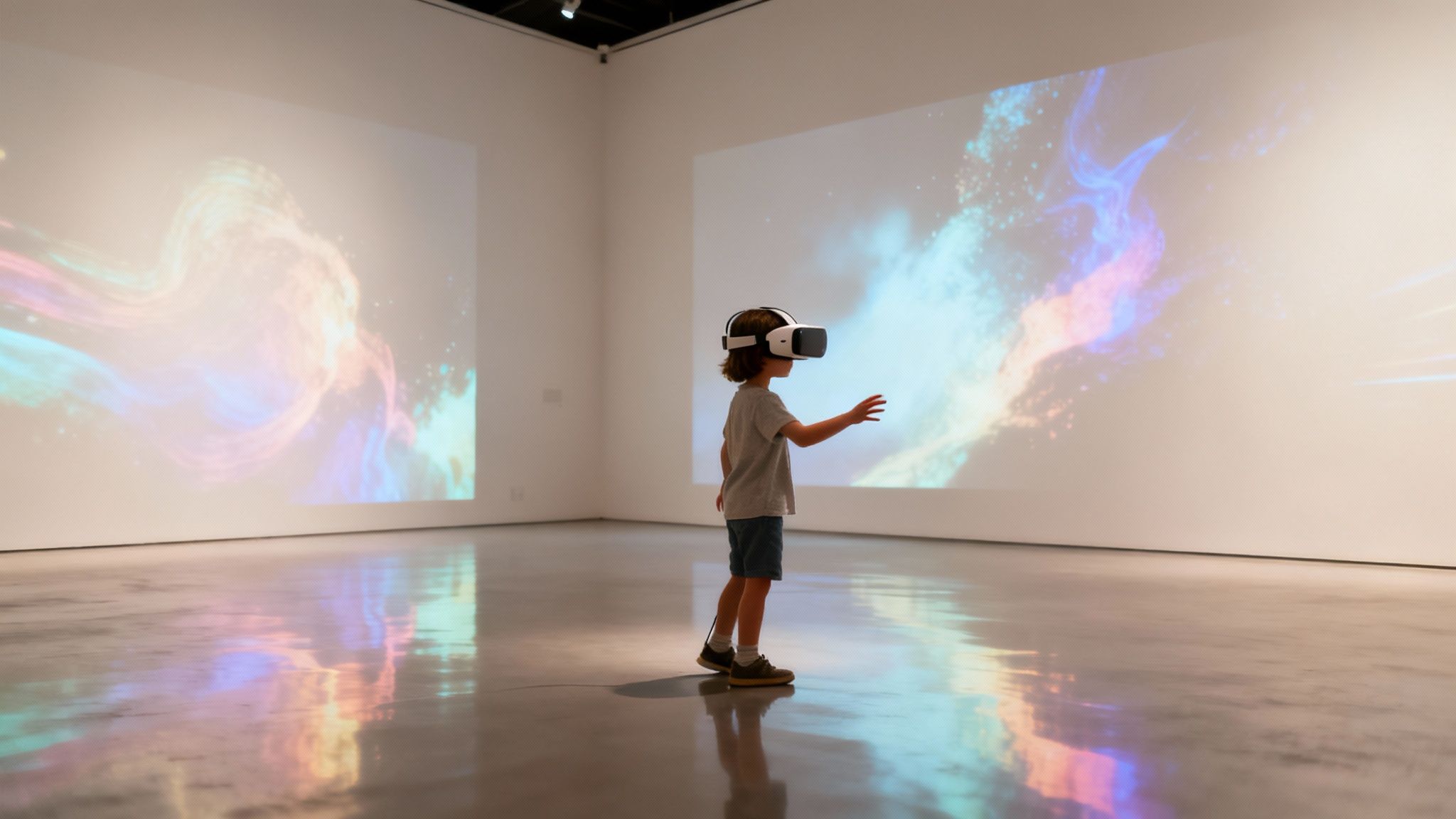 A child wearing a VR headset interacts with colorful projected graphics in a modern exhibition space.