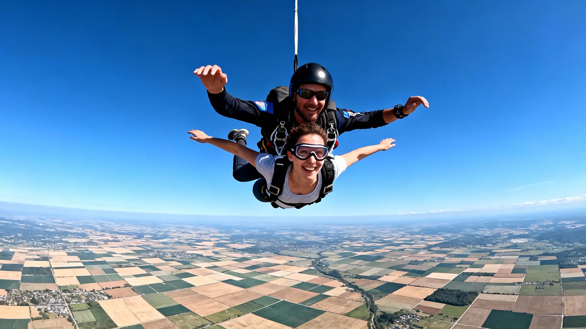 Two happy people smile while tandem skydiving high above a patterned agricultural landscape.