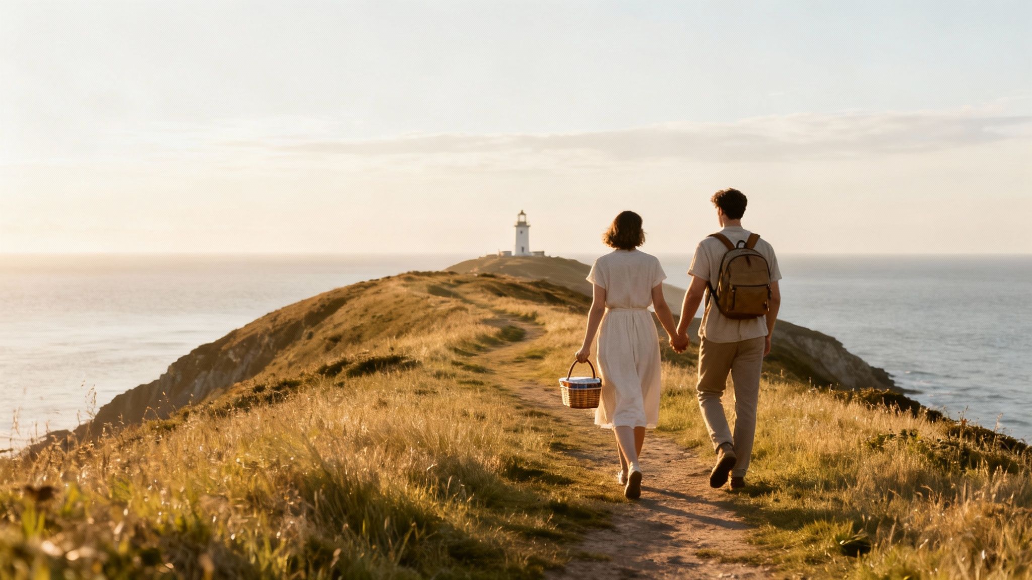 Romantic couple walks hand-in-hand on a golden-lit cliff path towards a lighthouse at sunset.