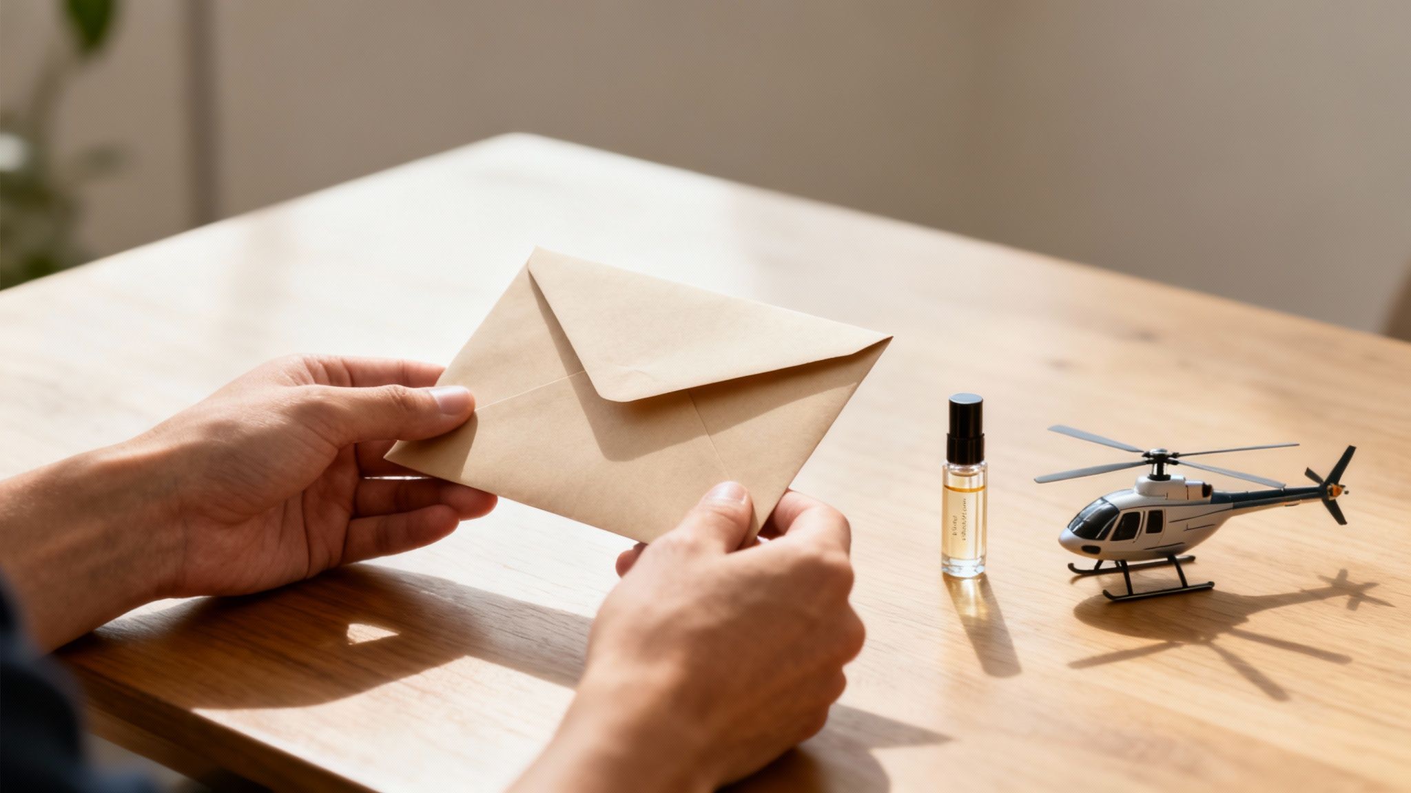 A person's hands hold a brown envelope on a wooden table with a perfume bottle and a toy helicopter.