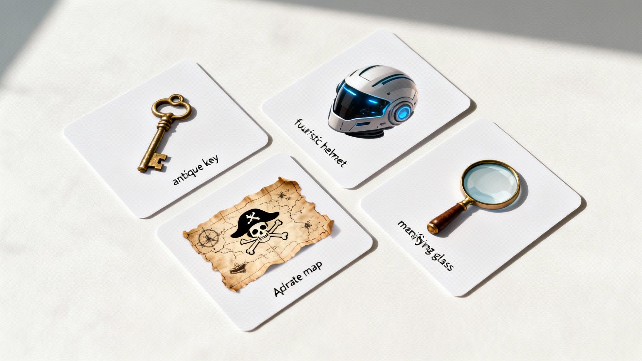 Four white cards displaying objects like an antique key, futuristic helmet, pirate map, and magnifying glass, useful for an escape room.