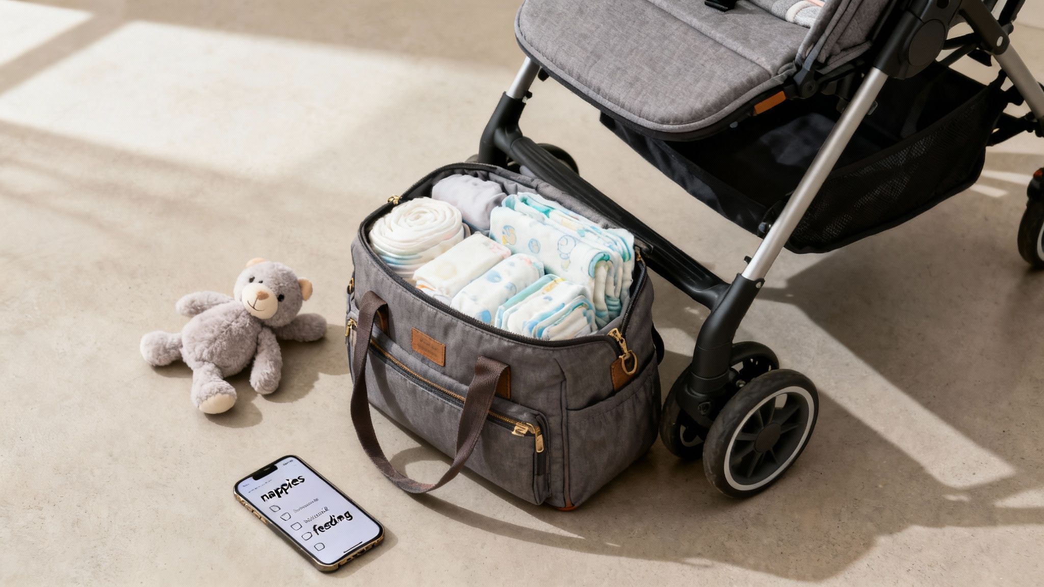 An open baby changing bag packed with diapers and essentials next to a stroller, a teddy bear, and a smartphone.