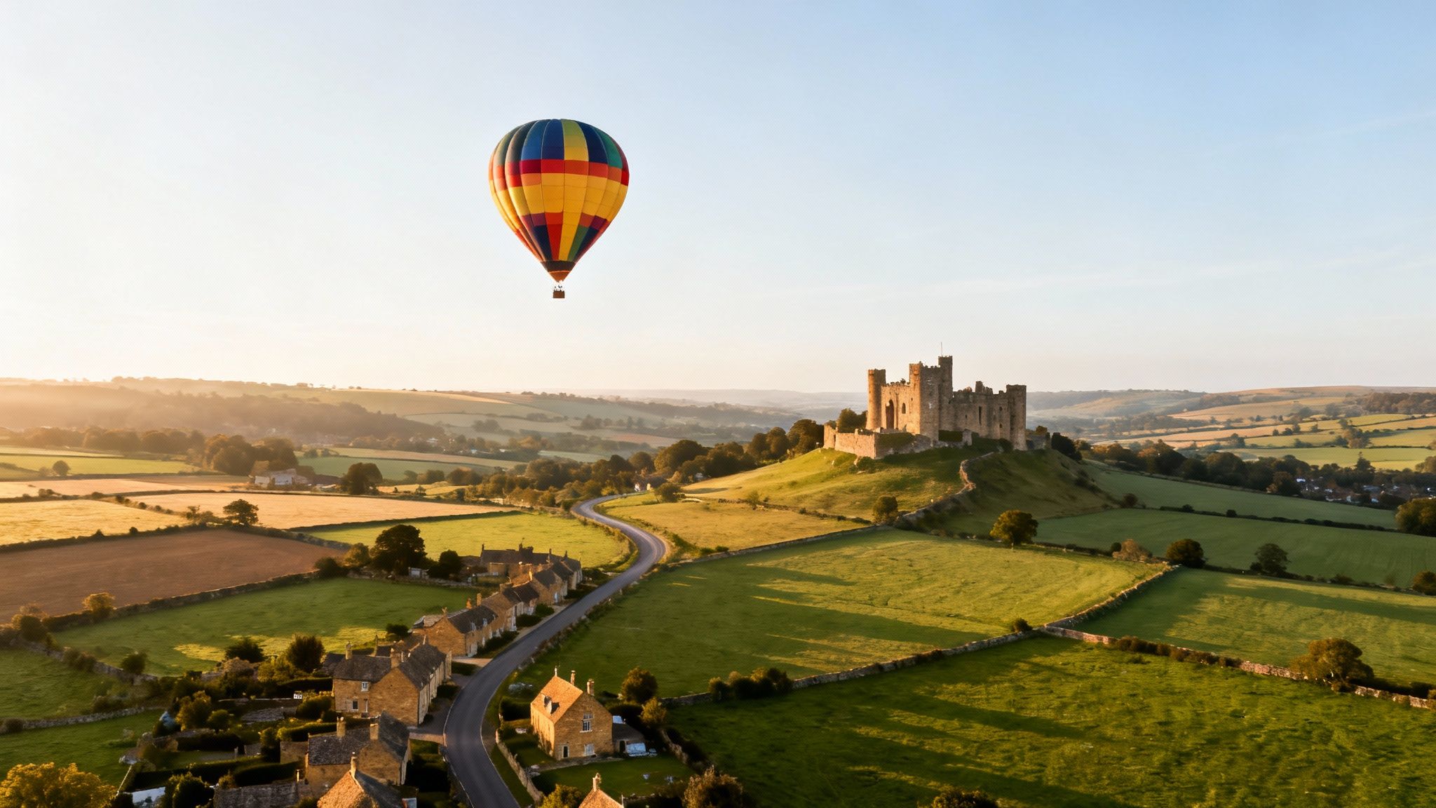 A colorful hot air balloon ascends over Corfe Castle and a scenic village in the English countryside.