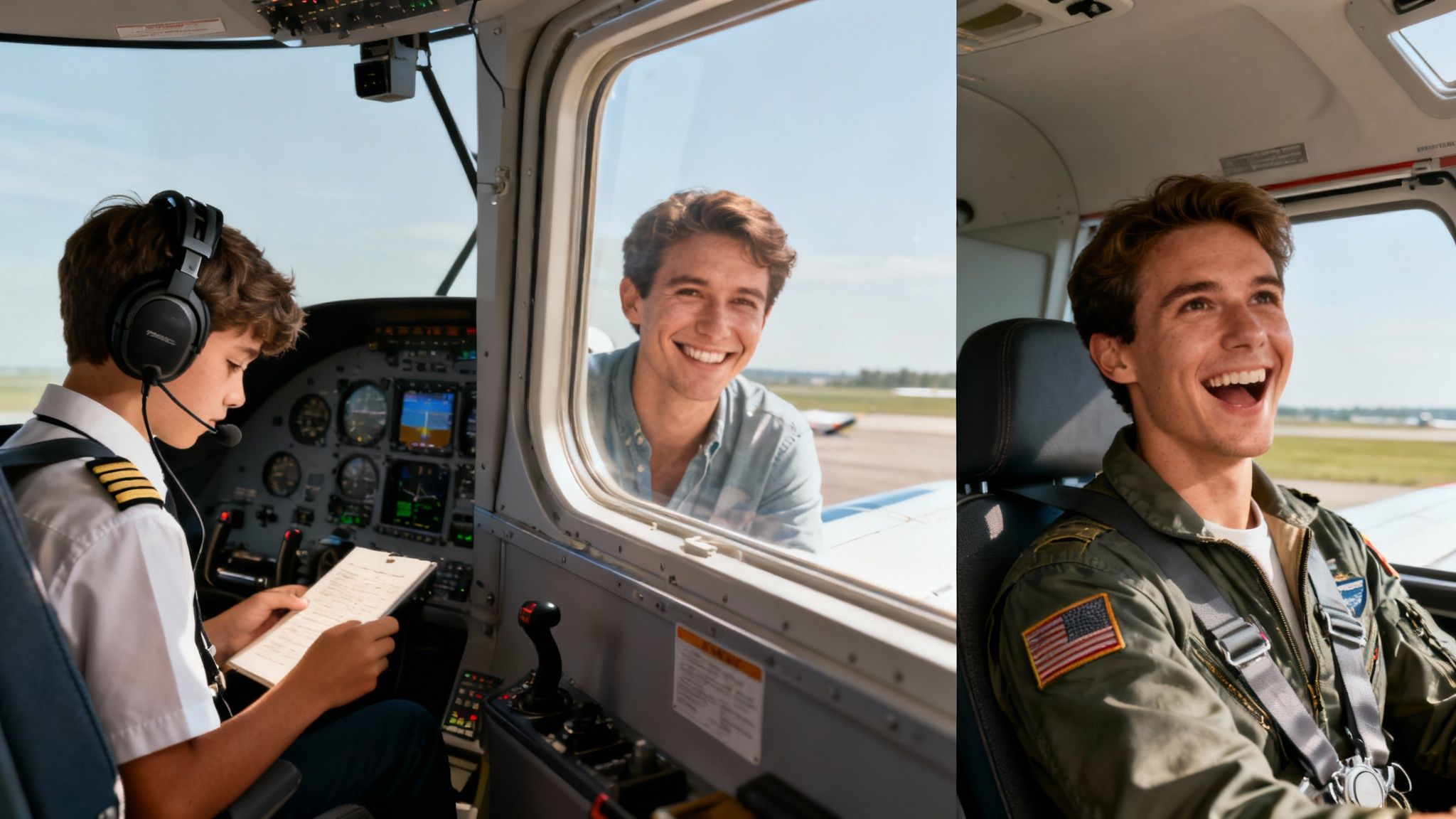 A person smiling while sitting in a realistic flight simulator cockpit.