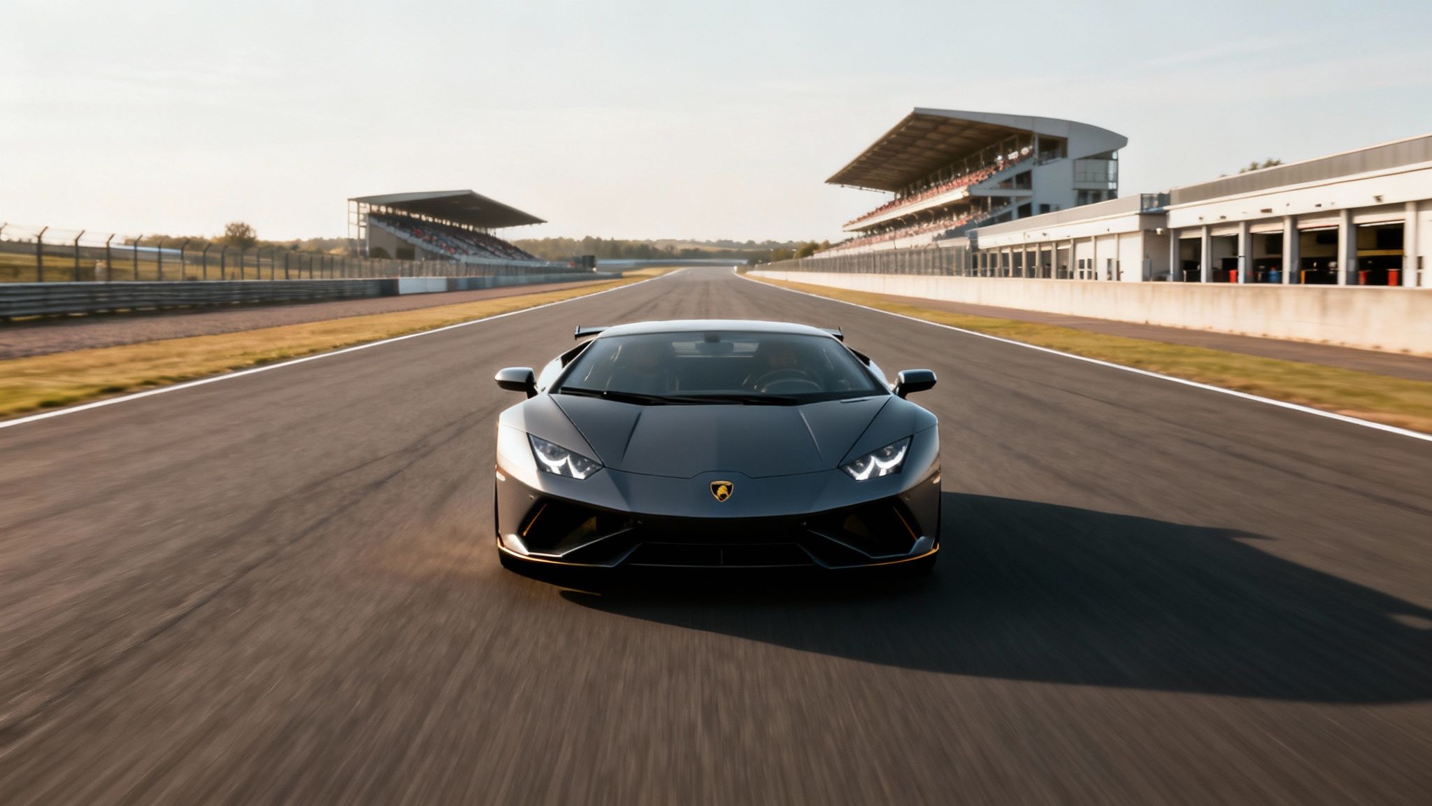 A dark grey Lamborghini supercar speeds down a racetrack towards grandstands under a bright sky.