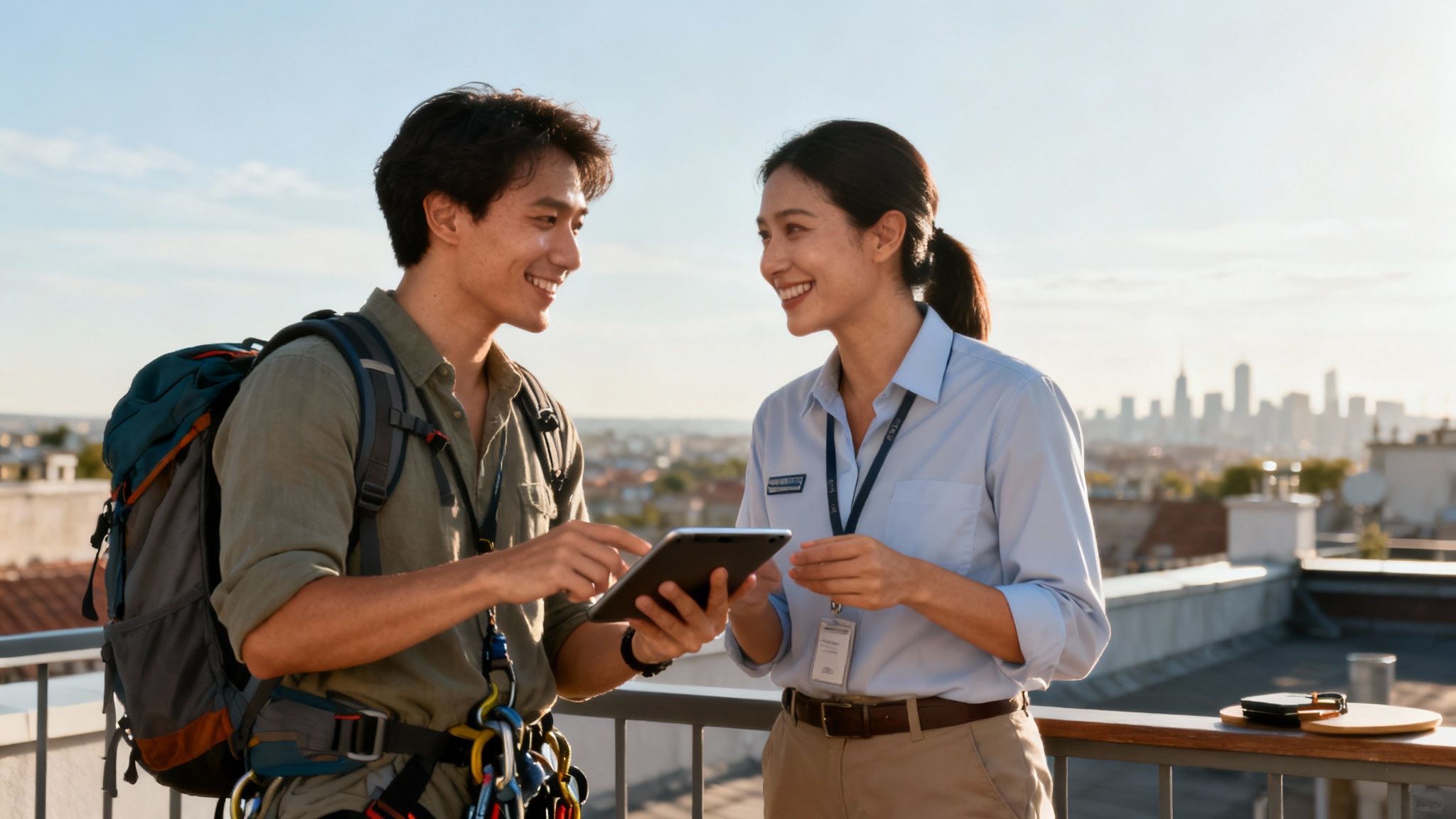Person with climbing gear talking to professional instructor holding tablet on rooftop terrace