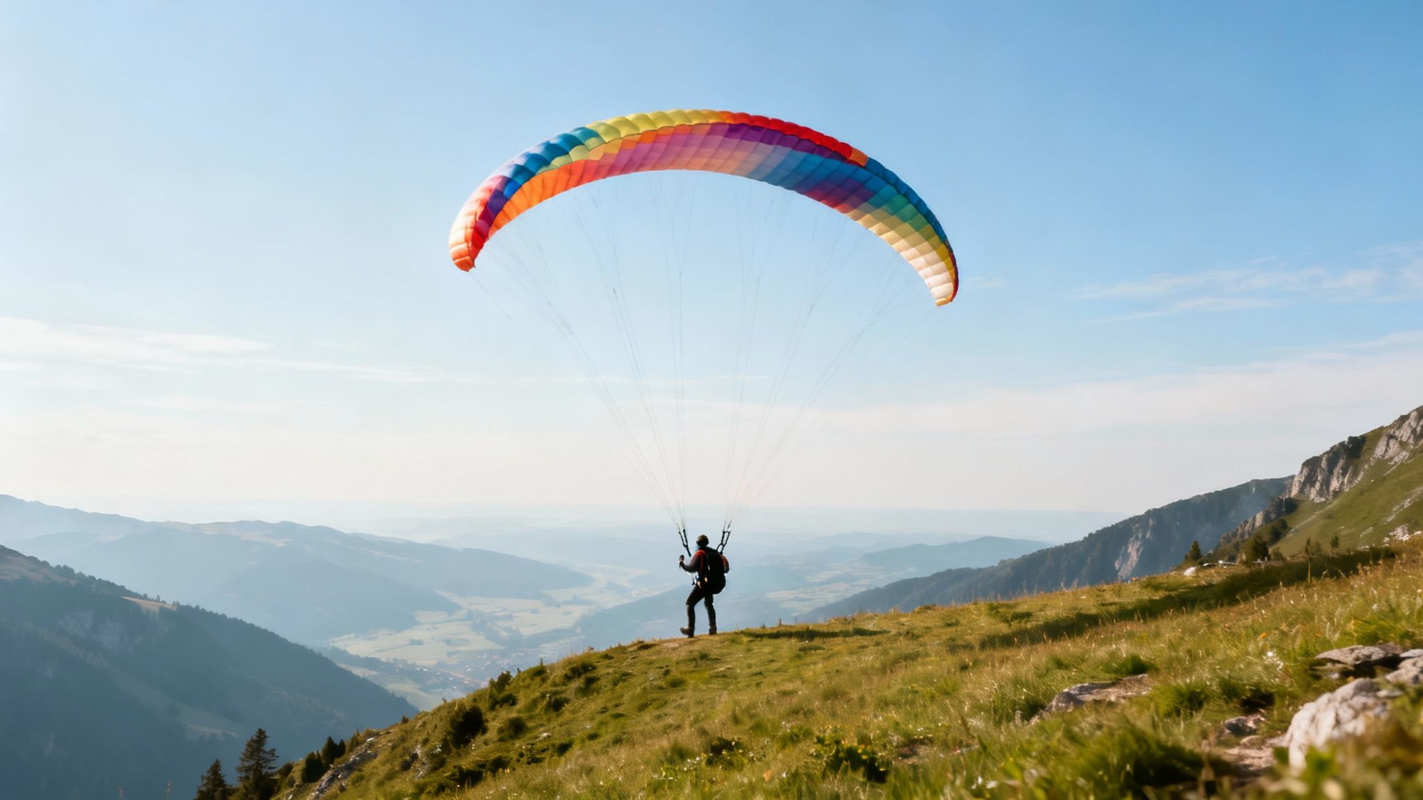 A paraglider prepares for takeoff on a grassy mountain overlooking a scenic valley.