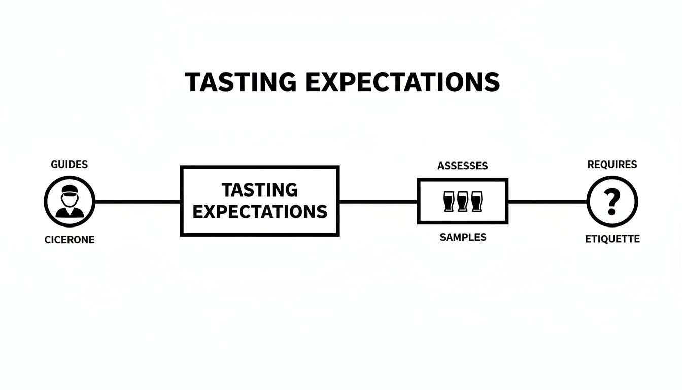 Flowchart illustrating tasting expectations, guided by a Cicerone, assessing samples, and requiring etiquette.