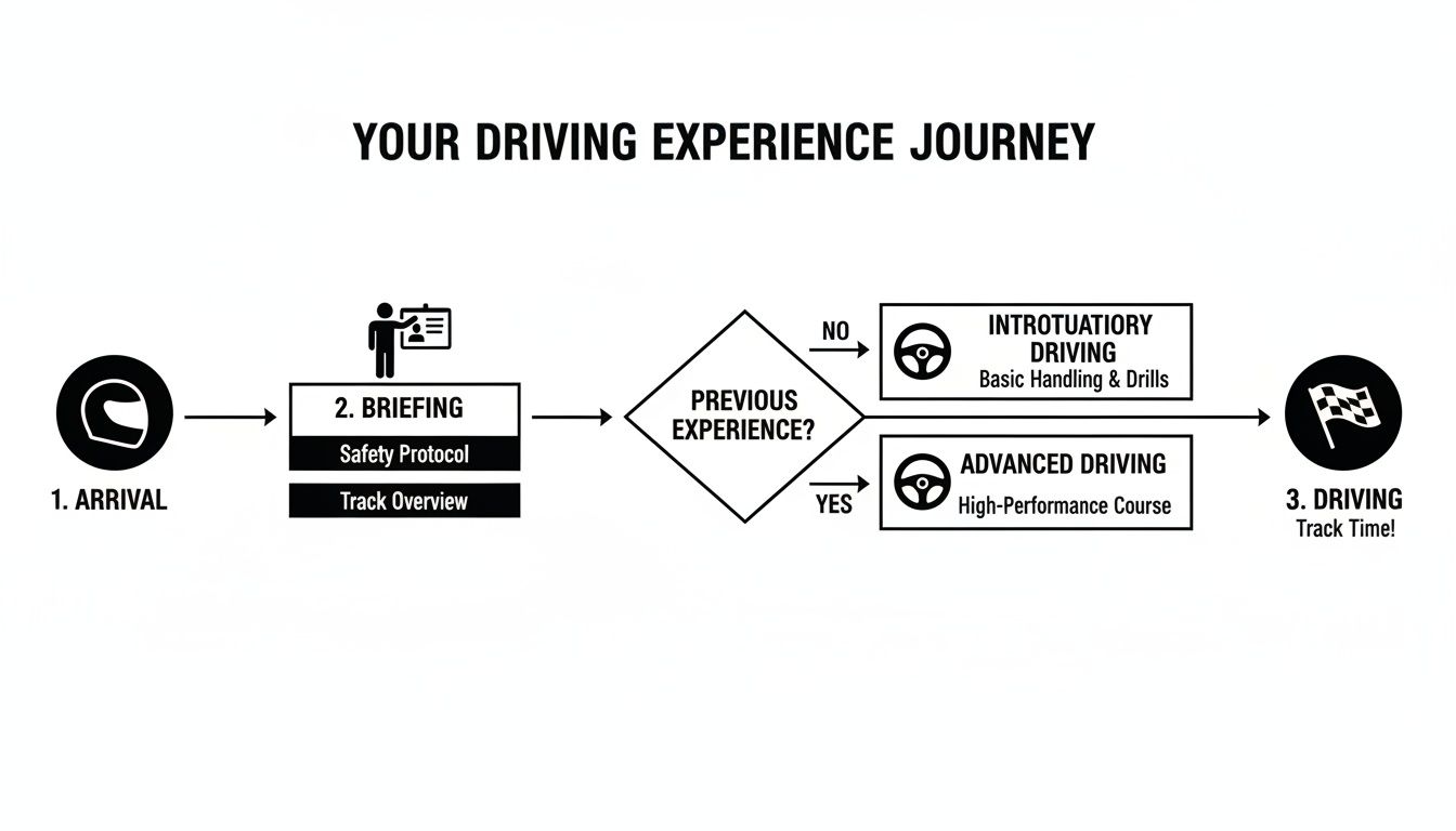 A flowchart detailing the driving experience journey, from arrival, briefing, and experience assessment to track time.