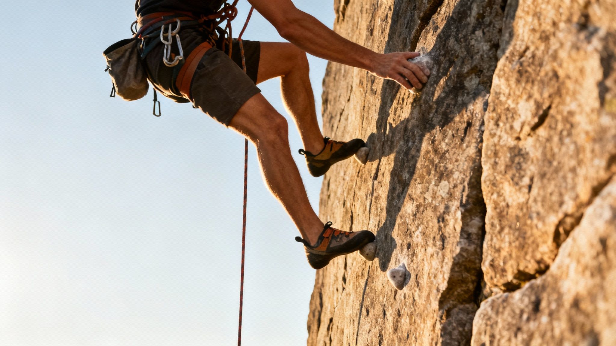 A person in climbing gear actively rock climbing a sunlit rock face against a bright sky.