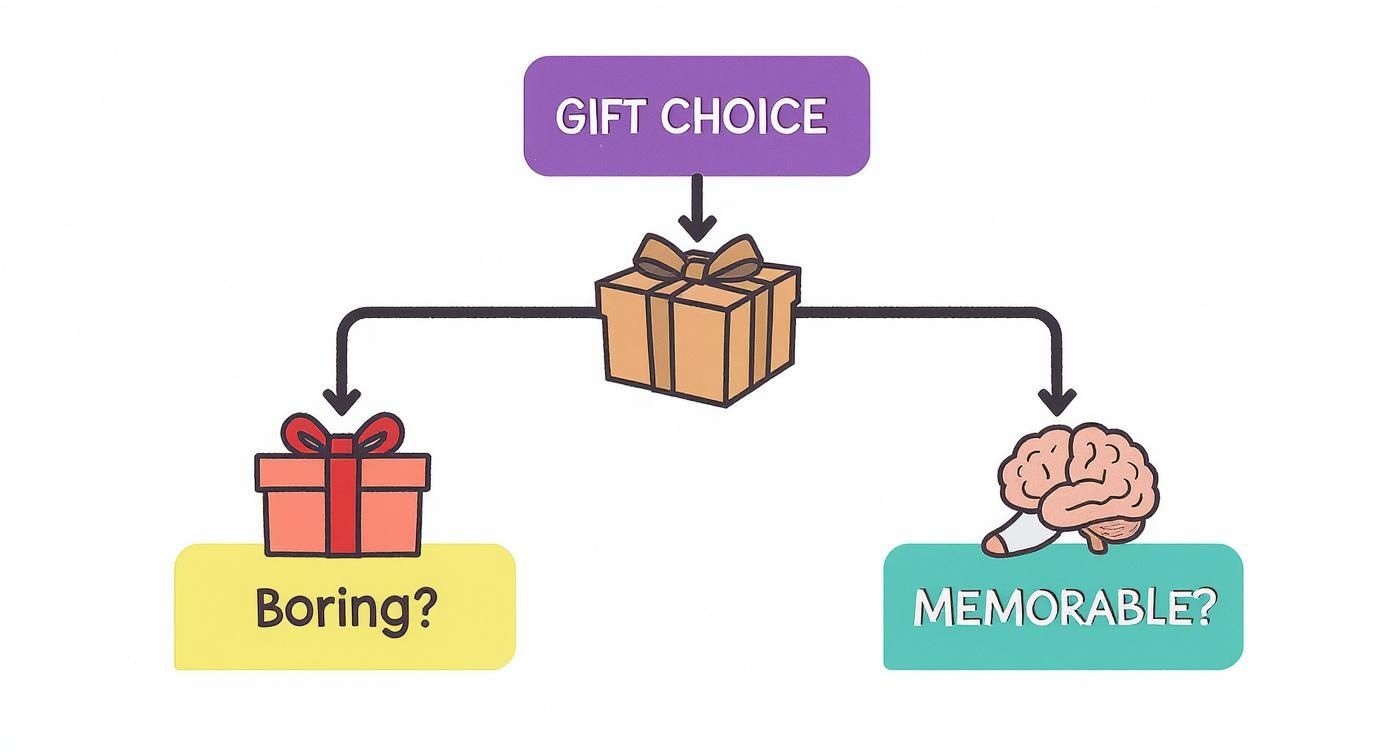 A flowchart showing a gift choice decision, leading to either a boring gift or a memorable gift represented by a brain.