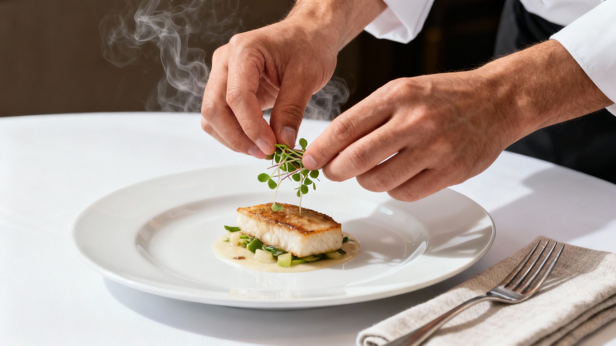 A chef meticulously garnishes a hot pan-seared fish with microgreens on a white plate.