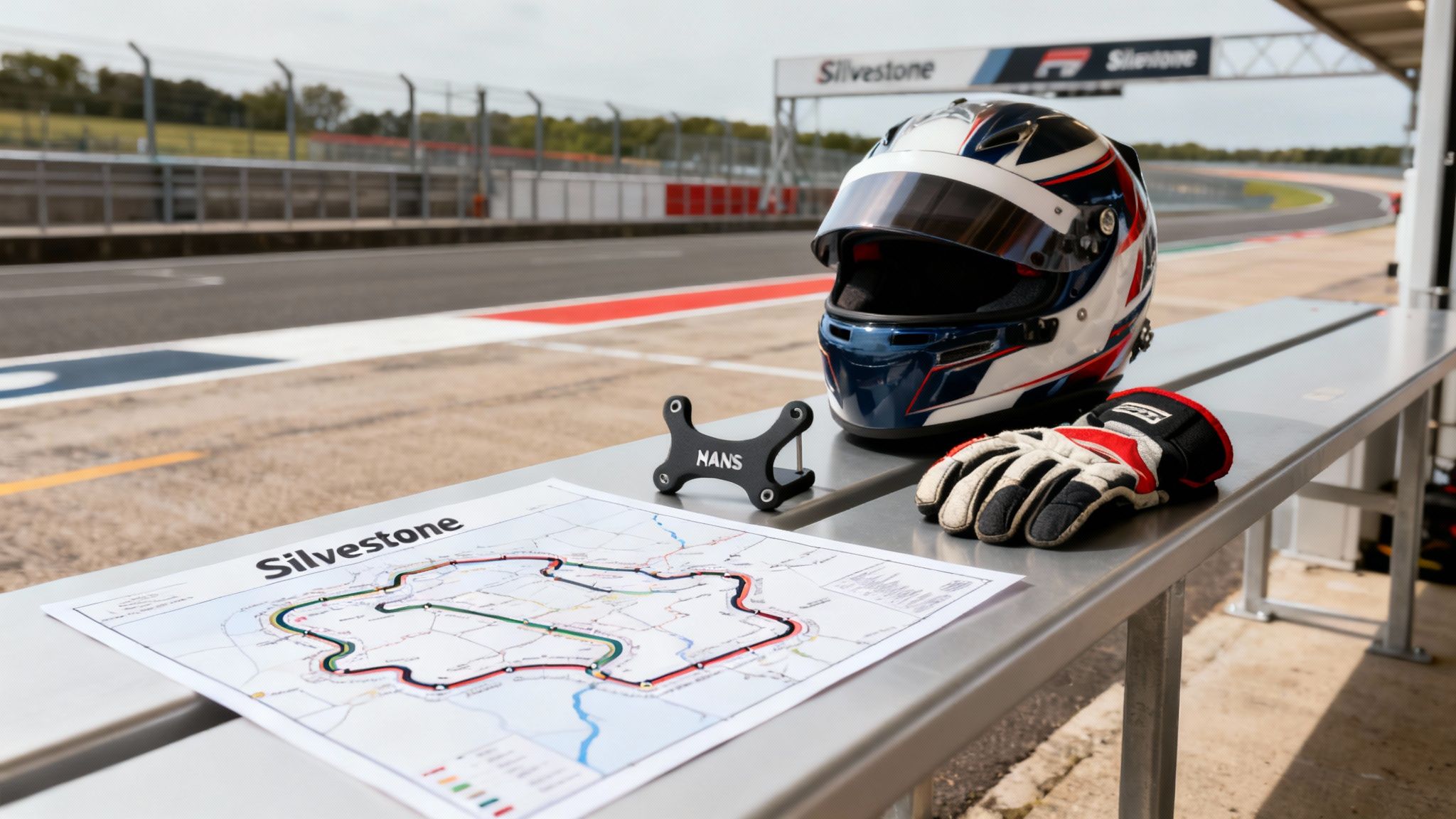 Racing helmet, glove, and Silverstone circuit map on a pit lane bench, ready for a track day.