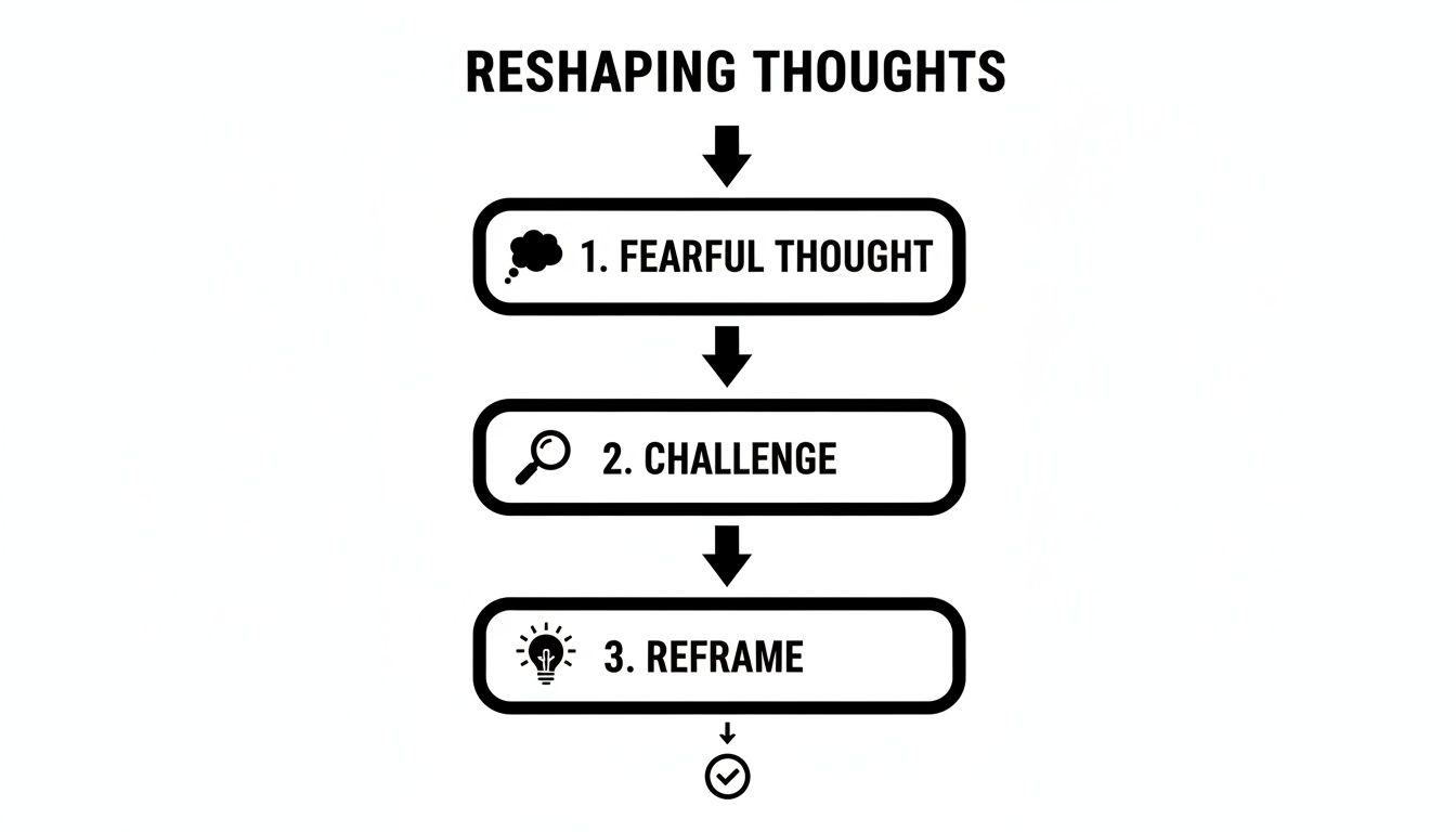 Flowchart illustrating a three-step process for reshaping thoughts: Fearful Thought, Challenge, Reframe.