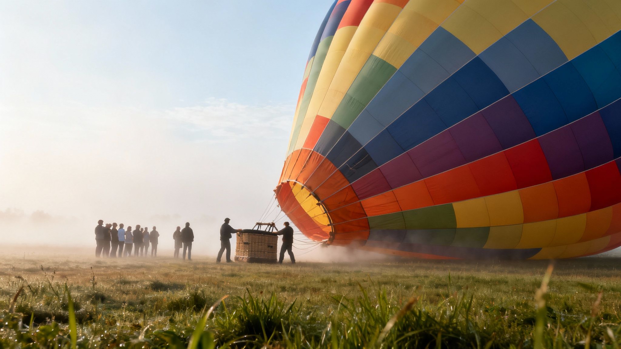 A vibrant hot air balloon being prepared for launch in a misty field with people observing.