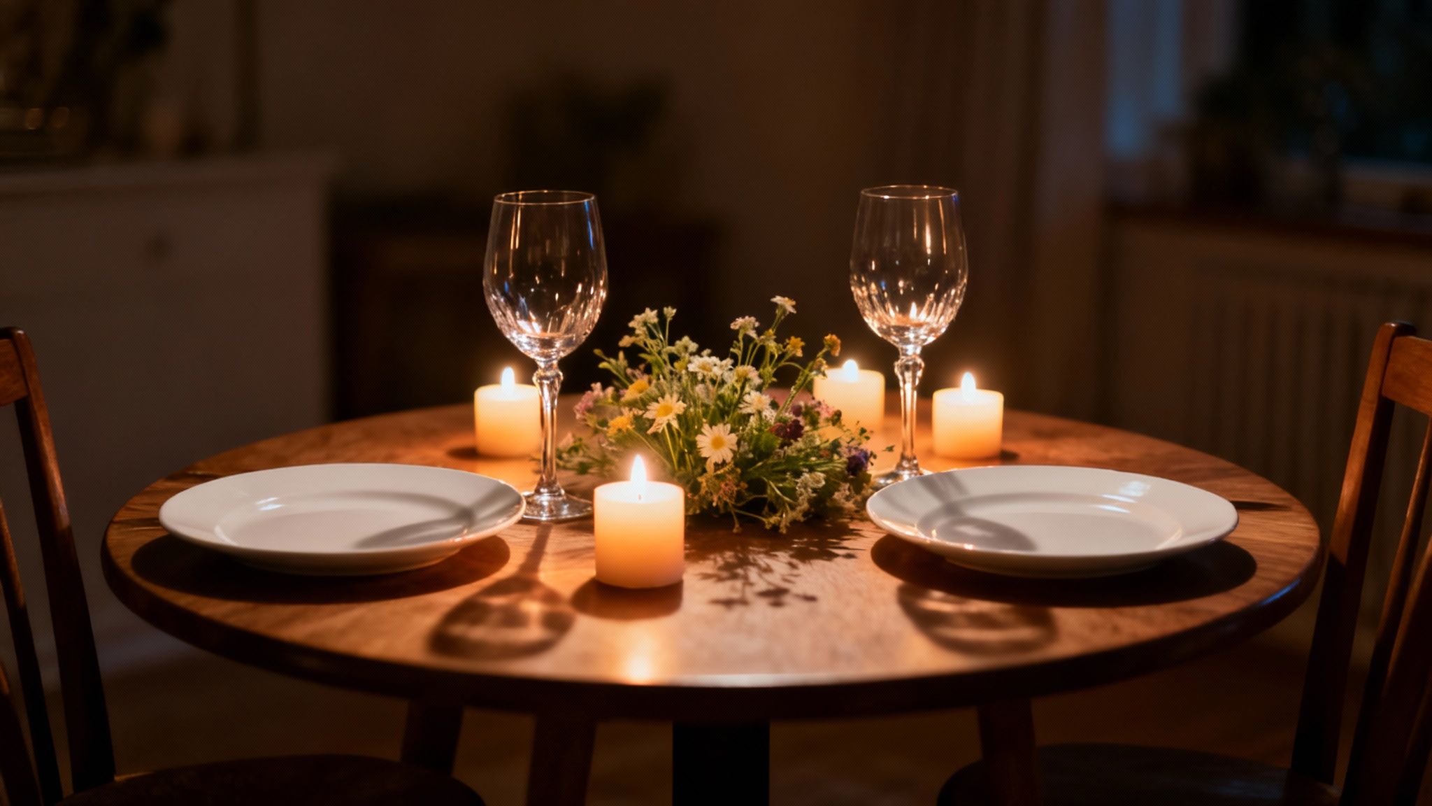 A cozy table set for two with candles, wine glasses, plates, and a floral centerpiece.