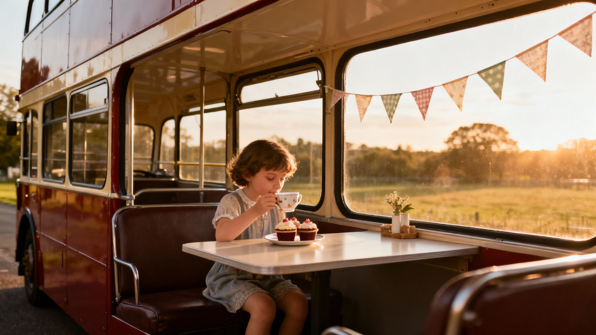 A young girl sips tea inside a vintage red bus, with cupcakes and bunting, at sunset.
