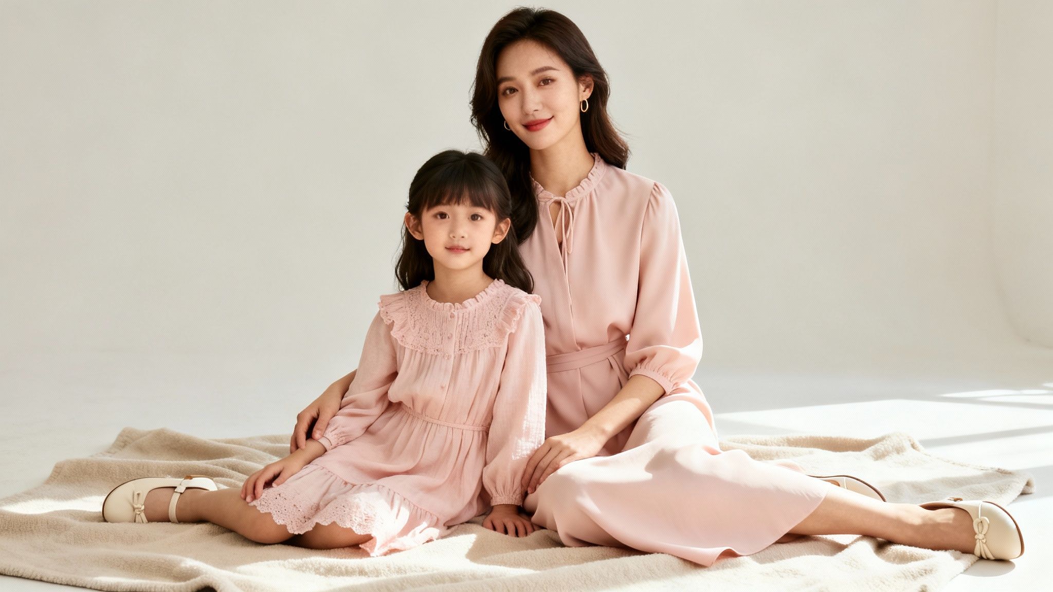 A mother and daughter in matching pink dresses smile brightly during a studio photoshoot.