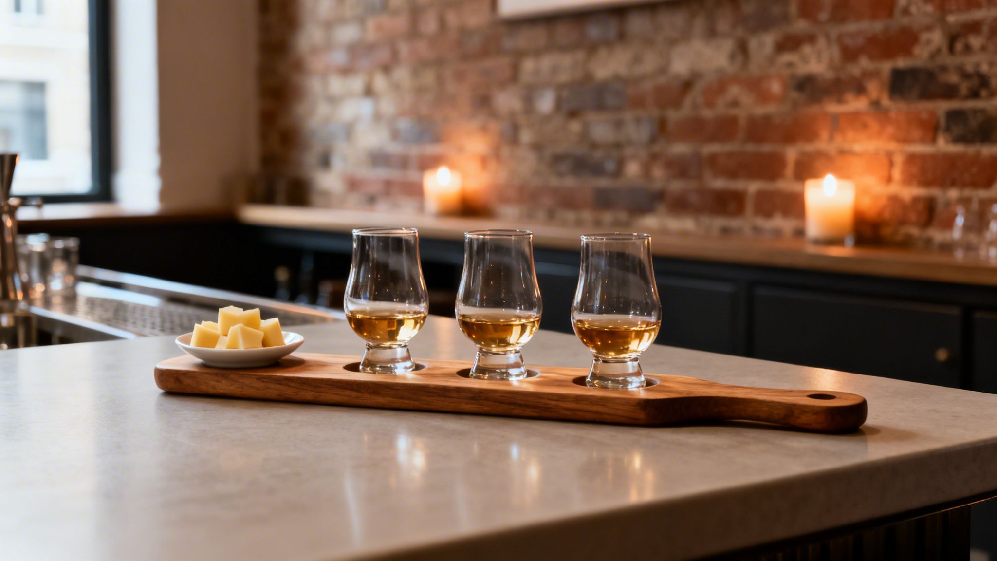 Three whisky glasses on a wooden tasting board with cheese cubes in a cozy bar.