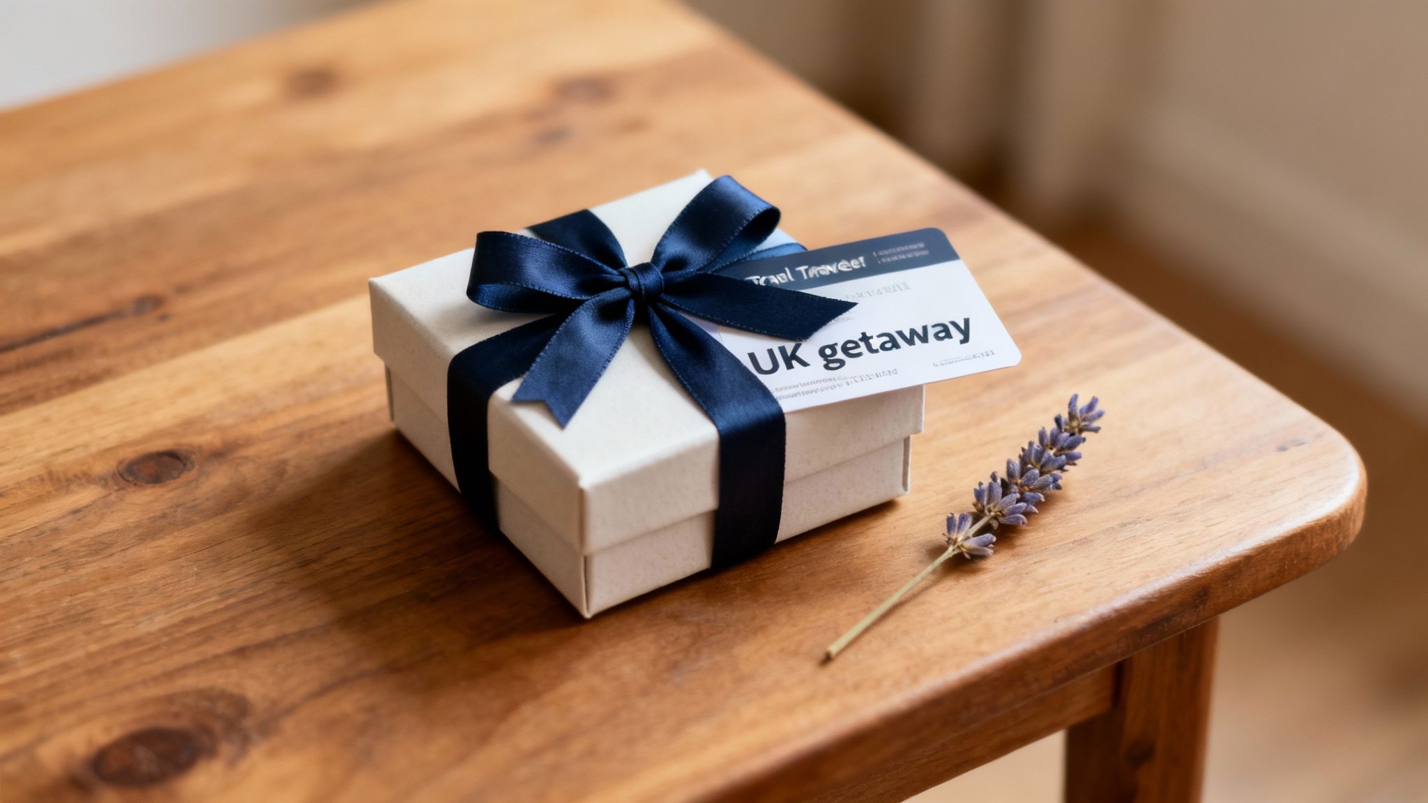 A light gift box with a blue ribbon and a 'UK getaway' gift card, next to lavender on a wooden table.