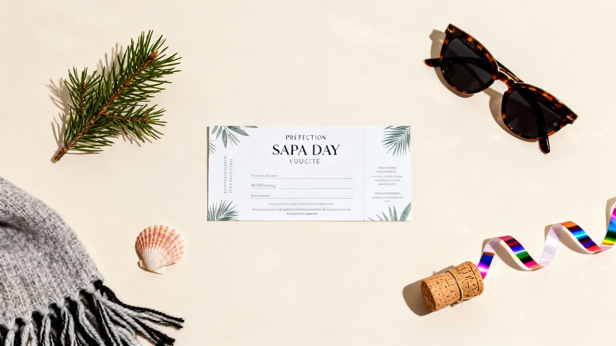 A flat lay of a spa day voucher, pine branch, knitted scarf, seashell, sunglasses, and champagne cork with ribbon.