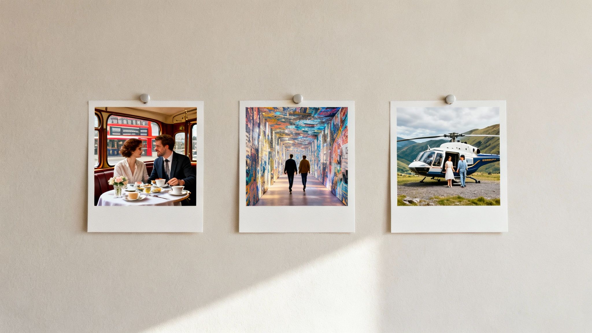 Three polaroid-style photos pinned to a wall showcasing diverse couple experiences and adventures.