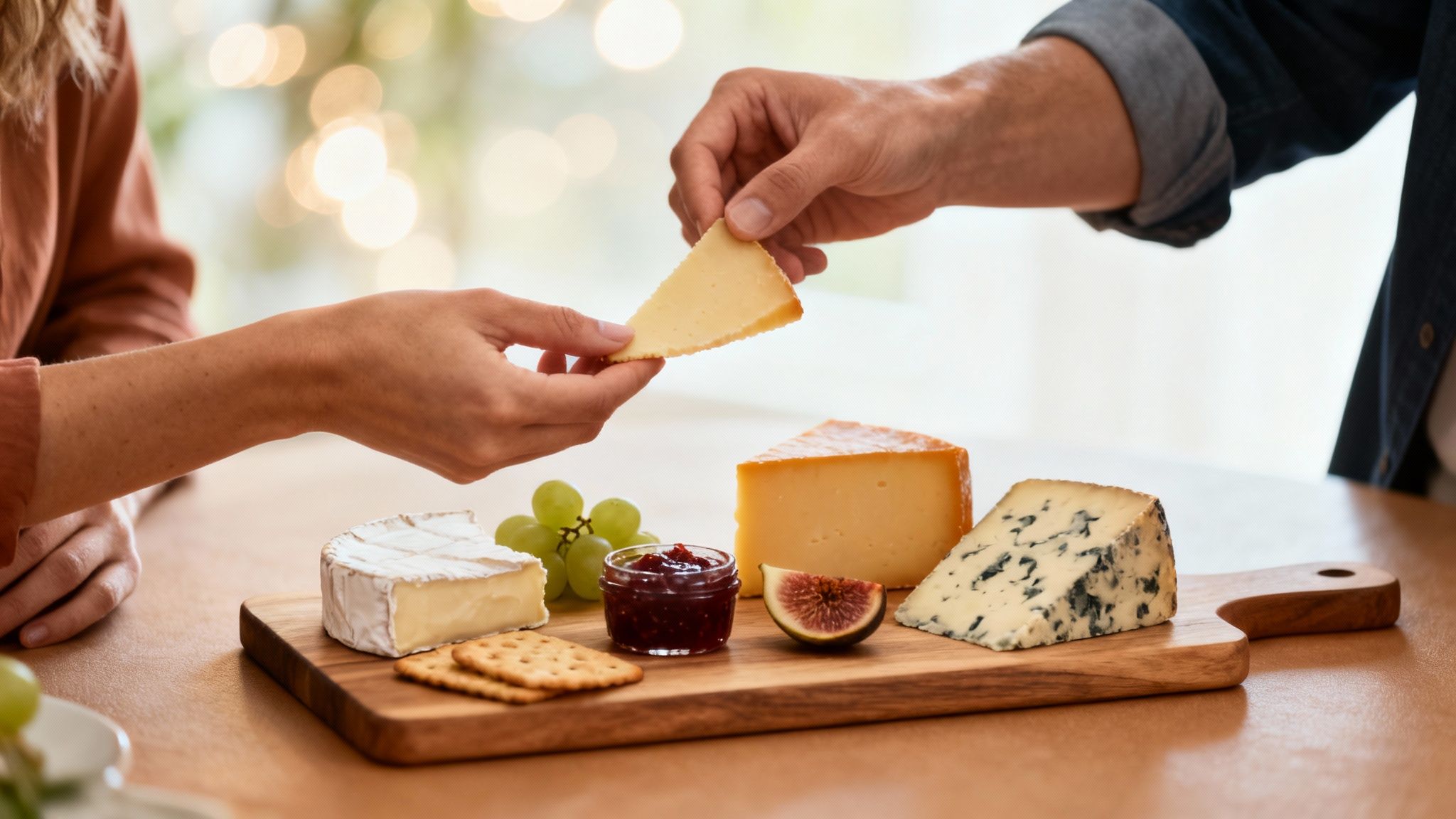 Hands sharing a slice of cheese from a delightful cheese board with fruit, crackers, and jam.