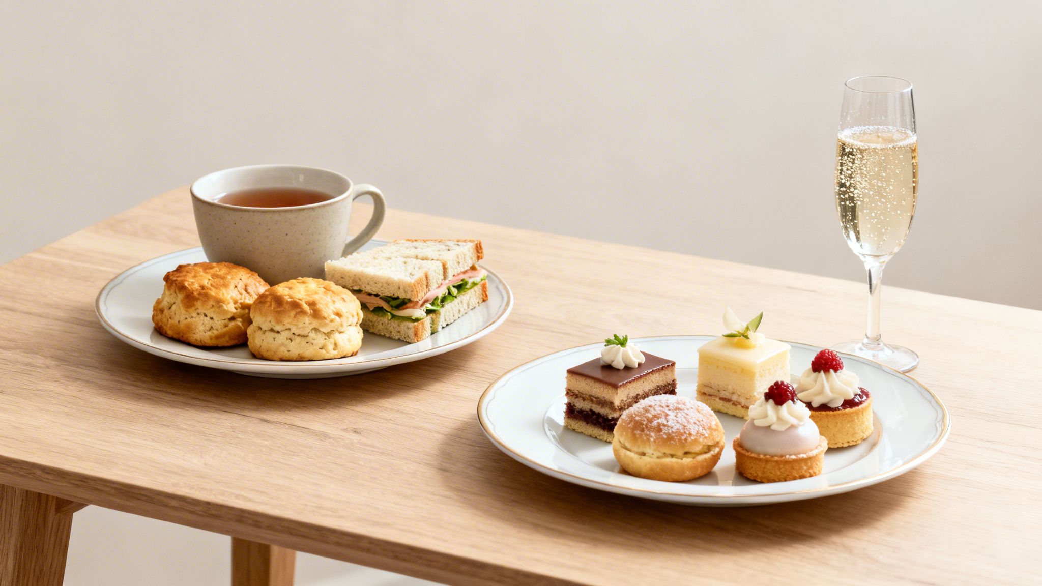 Elegant afternoon tea spread with savory sandwiches, sweet pastries, scones, tea, and sparkling wine.