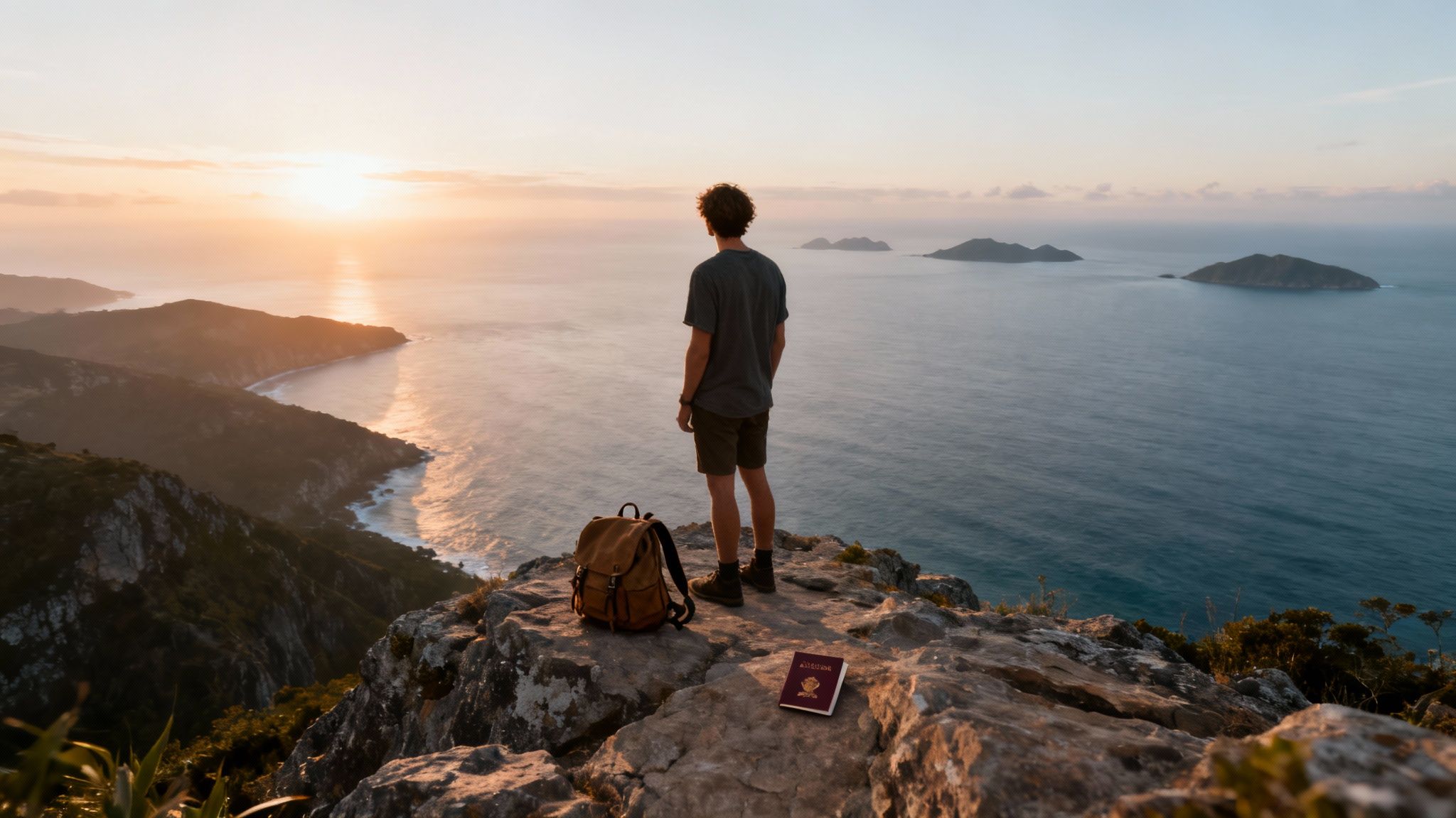 Traveler watching a stunning sunset over the ocean from a mountain cliff with a passport.