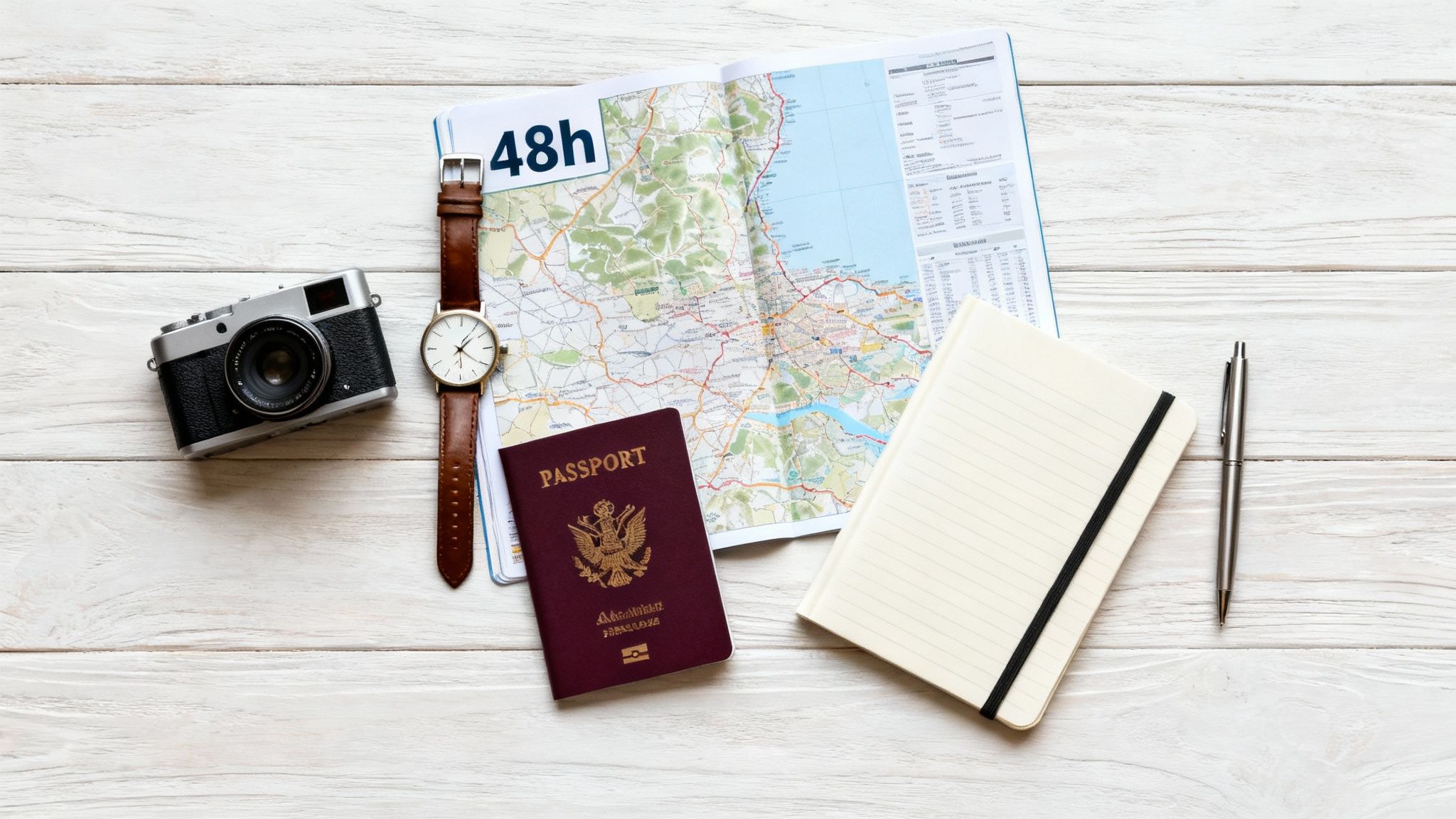 Flat lay of travel essentials: camera, watch, map, passport, notebook, and pen on a wooden background.