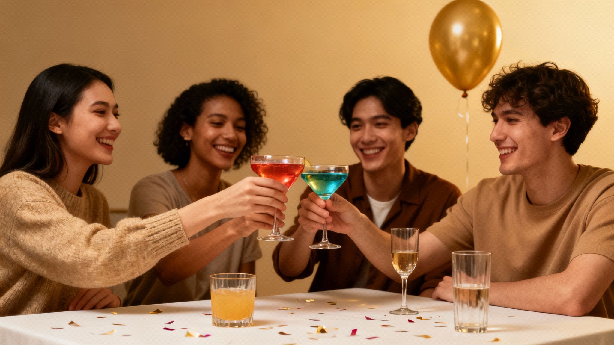 Four diverse friends smiling and toasting with colorful cocktails at a lively party.