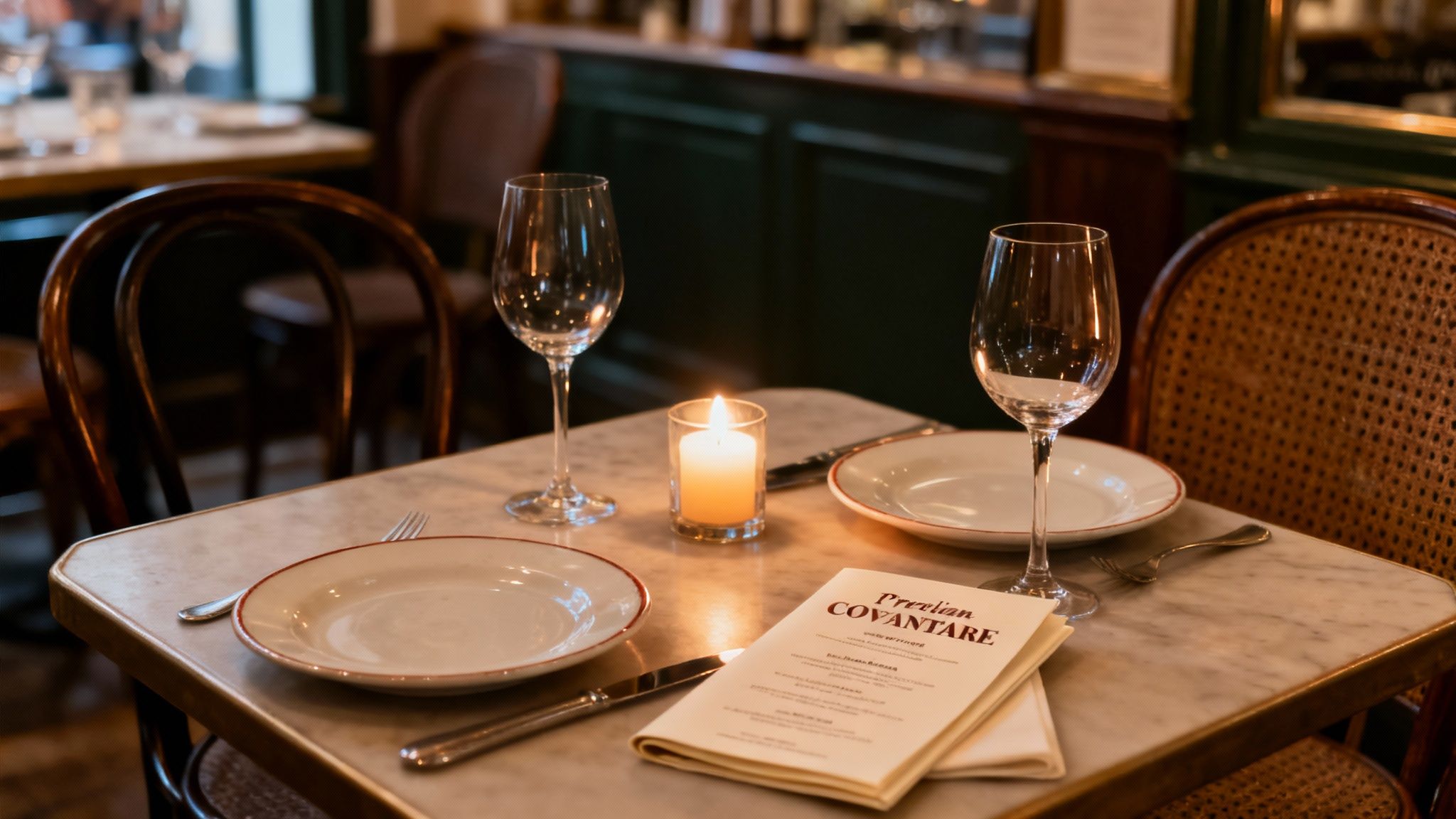 A cozy restaurant table set for two with wine glasses, plates, a candle, and a menu.