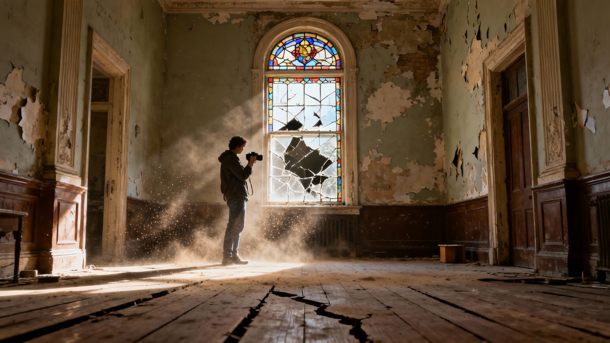 A photographer captures sunlight streaming through a broken stained-glass window in a dusty, abandoned room.