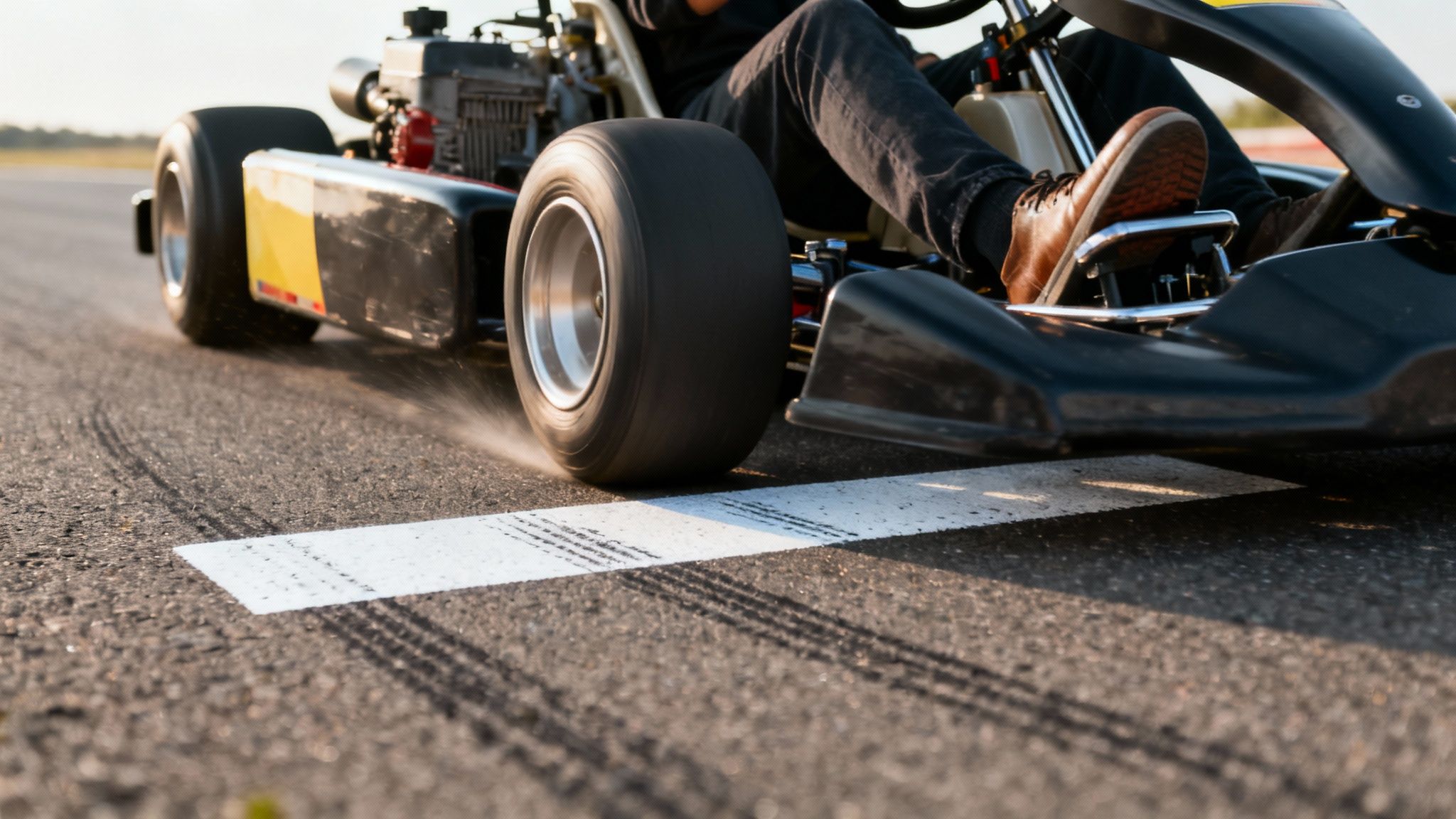A close-up view of a go-kart speeding on a track, showing the wheel and driver's feet.