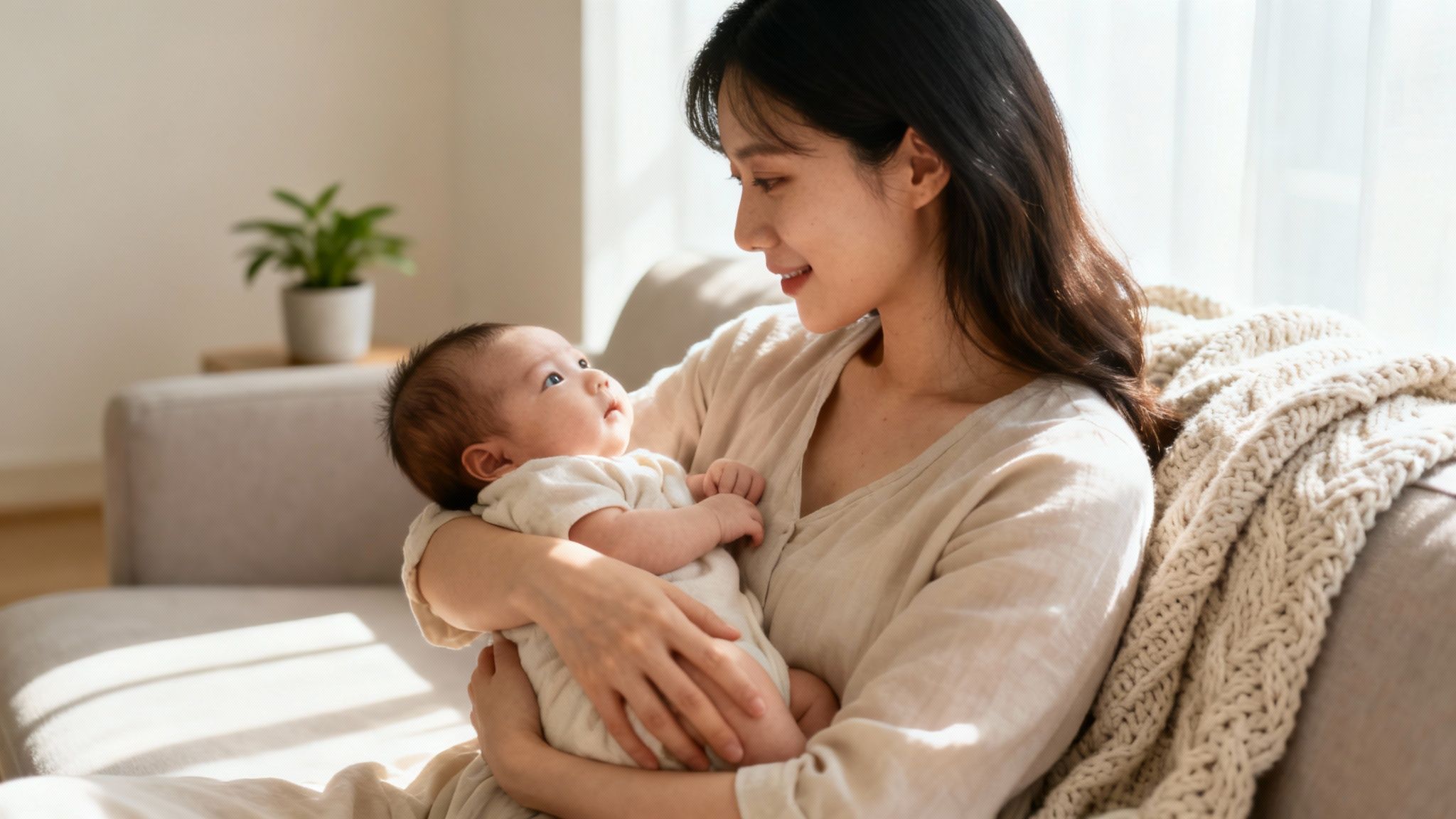 A happy Asian mother lovingly holds her baby, both looking at each other in a sunlit room.