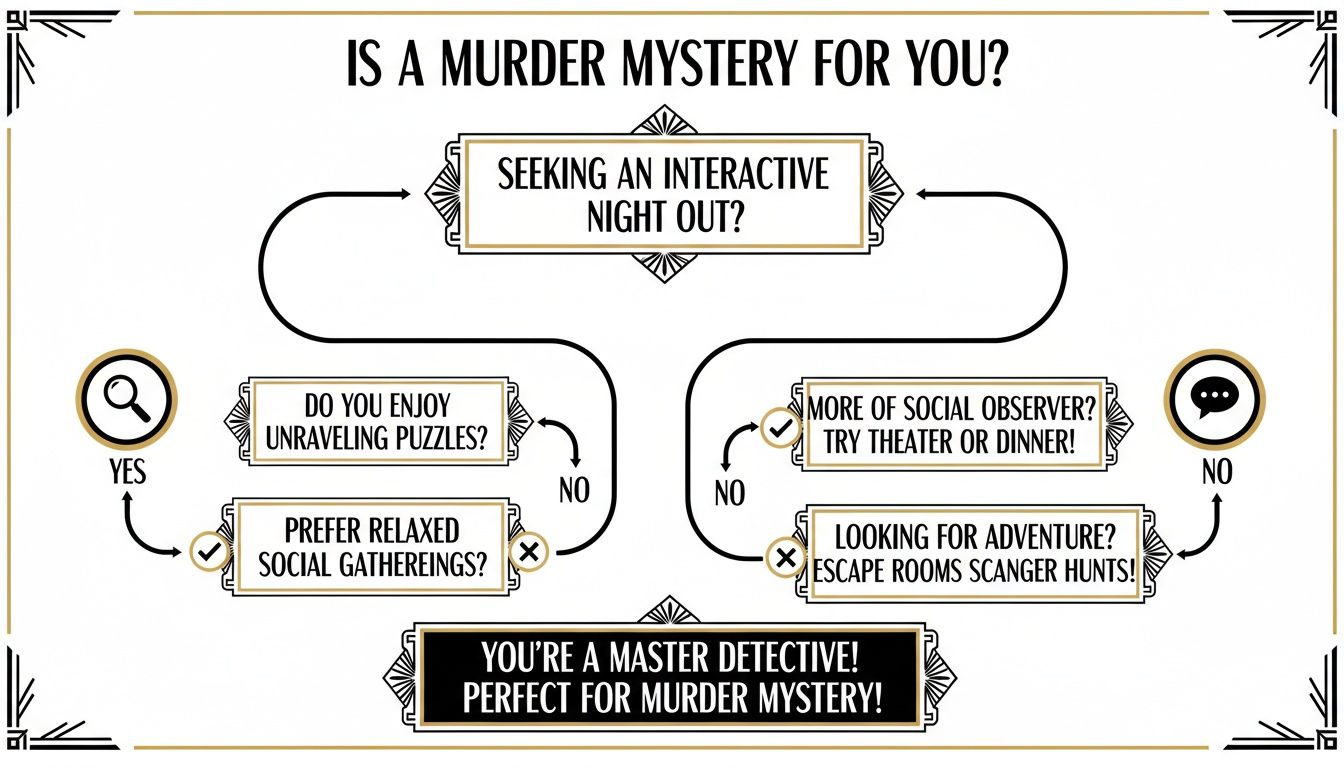 Interactive flowchart helping users decide if a murder mystery experience is perfect for them.