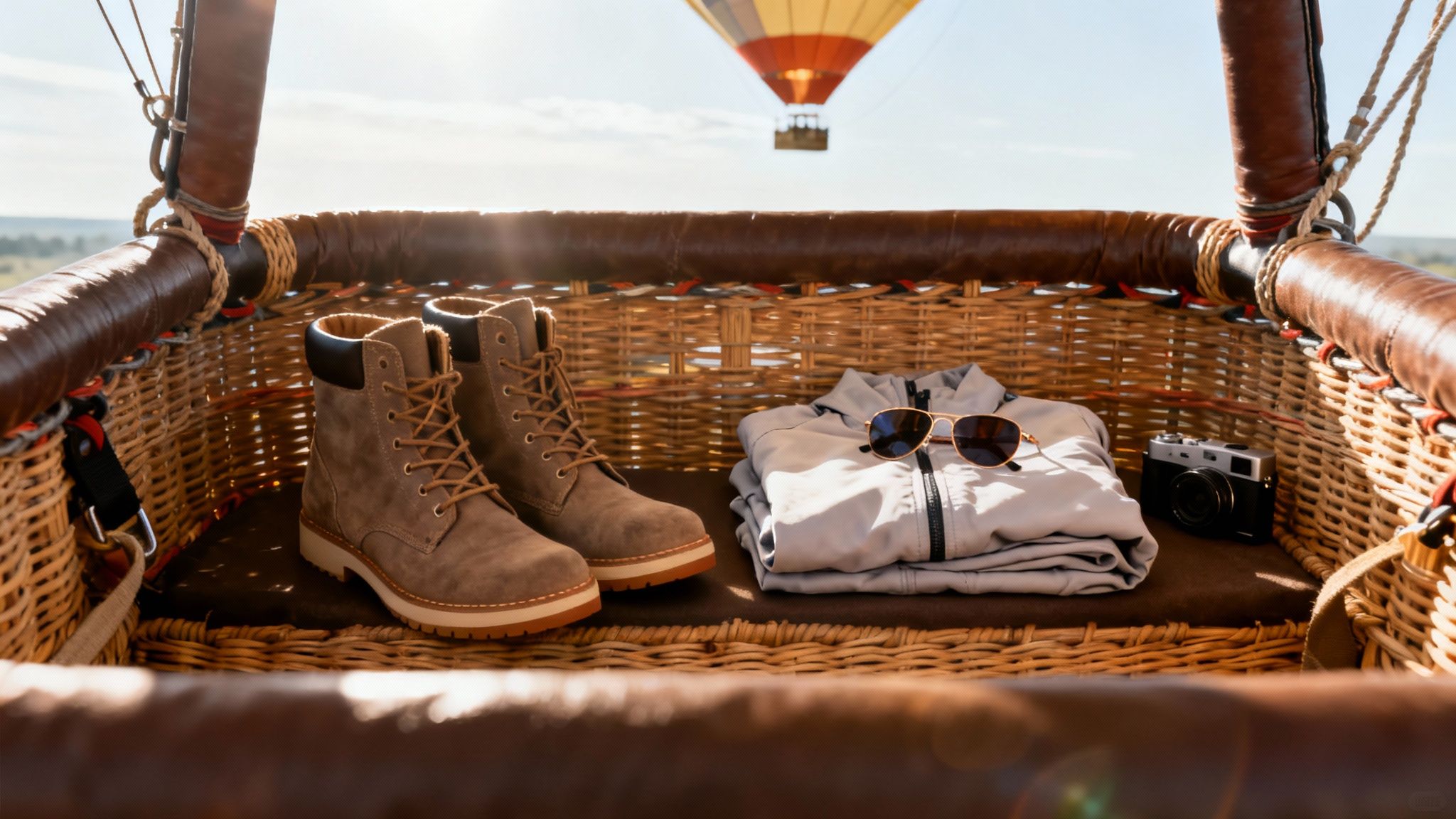 Travel essentials including boots, jacket, sunglasses, and camera inside a hot air balloon basket.