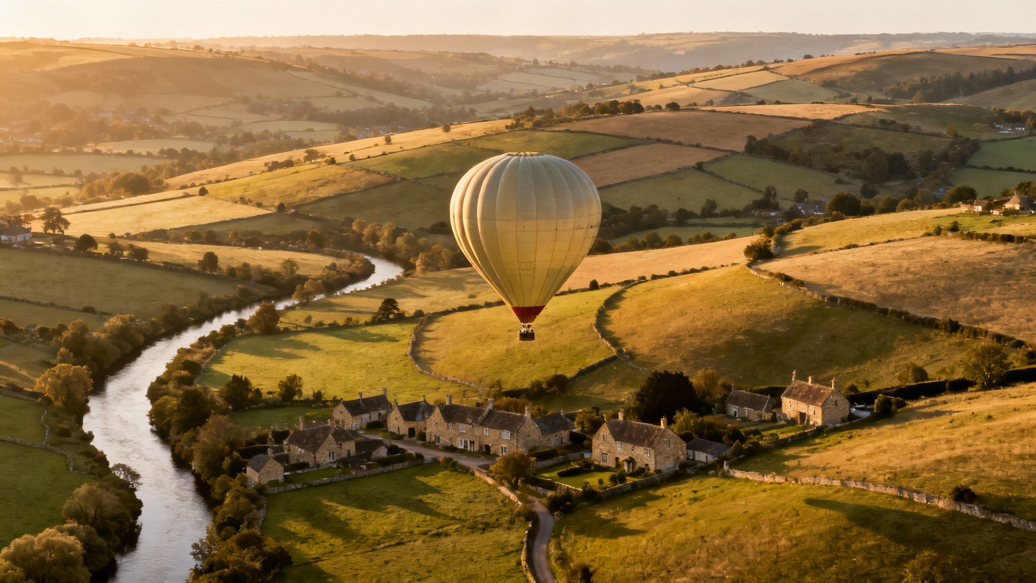 A hot air balloon drifts above a beautiful rural landscape with a river, fields, and stone houses at sunrise.