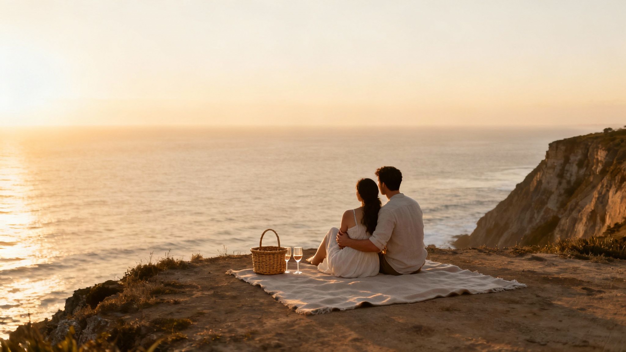 Couple enjoying romantic sunset picnic on coastal cliff overlooking ocean with wine glasses