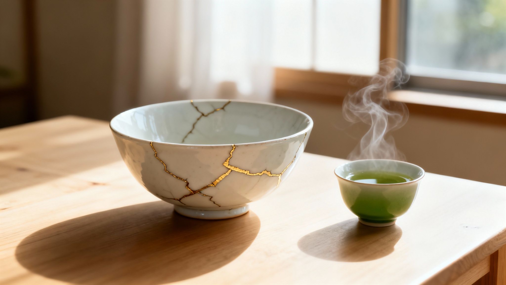 A kintsugi bowl and a steaming cup of green tea on a sunlit wooden table.