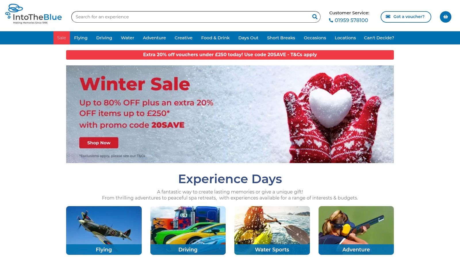 The homepage of the Into The Blue website showing various experience categories