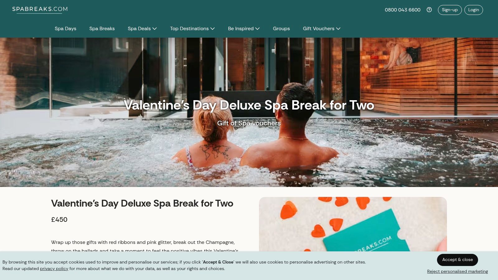 A screenshot of the Spabreaks.com website showcasing a deluxe Valentine's Day spa break package for two.